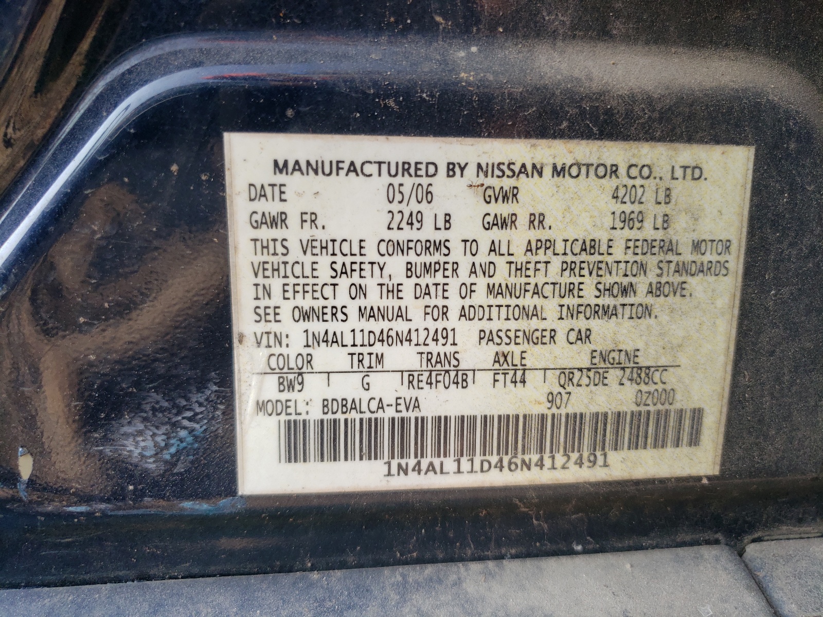 Photo 10 from auction – 2006 NISSAN ALTIMA S with VIN 1N4AL11D46N412491