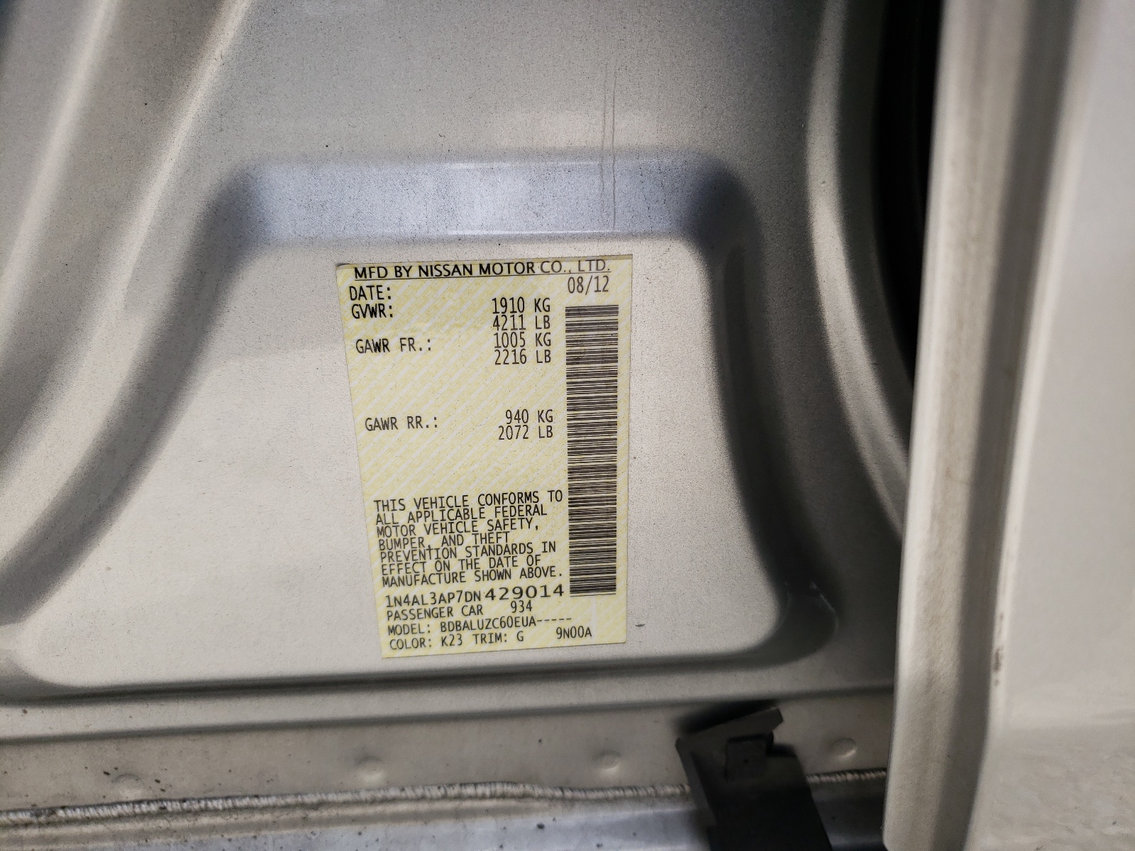 Photo 10 from auction – 2013 NISSAN ALTIMA 2.5 with VIN 1N4AL3AP7DN429014