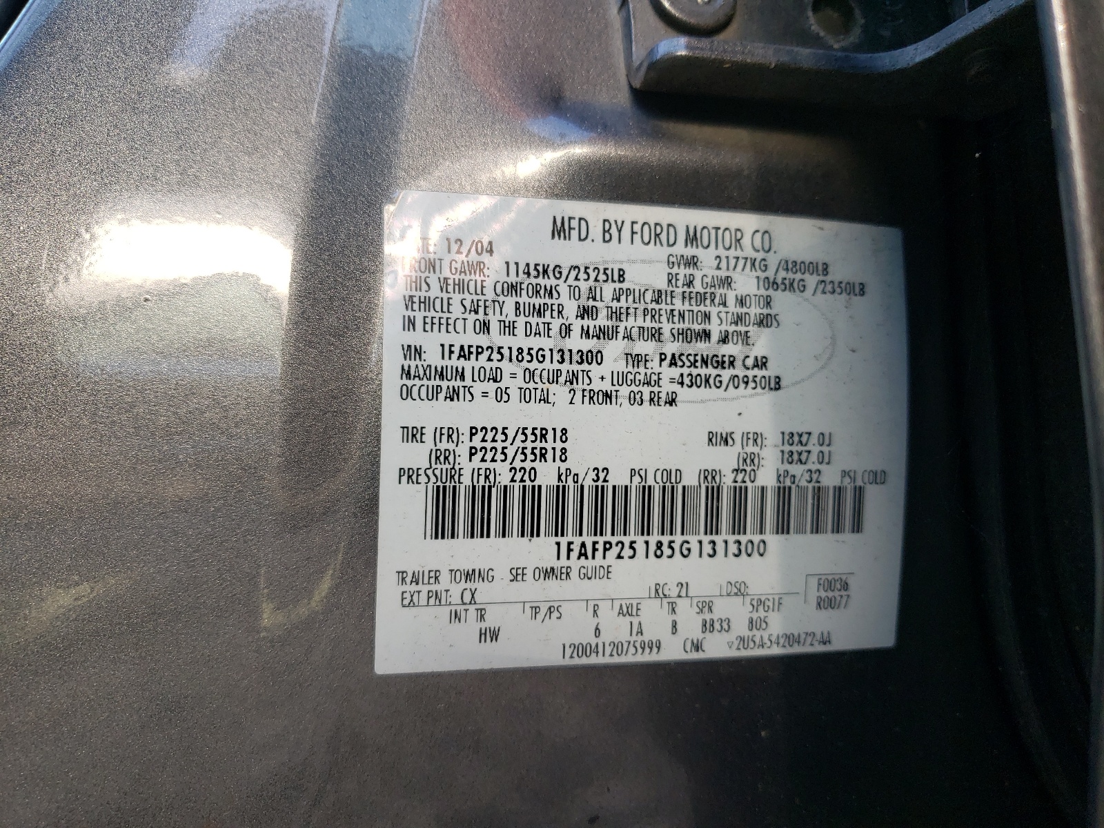 Photo 10 from auction – 2005 FORD FIVE HUNDR with VIN 1FAFP25185G131300