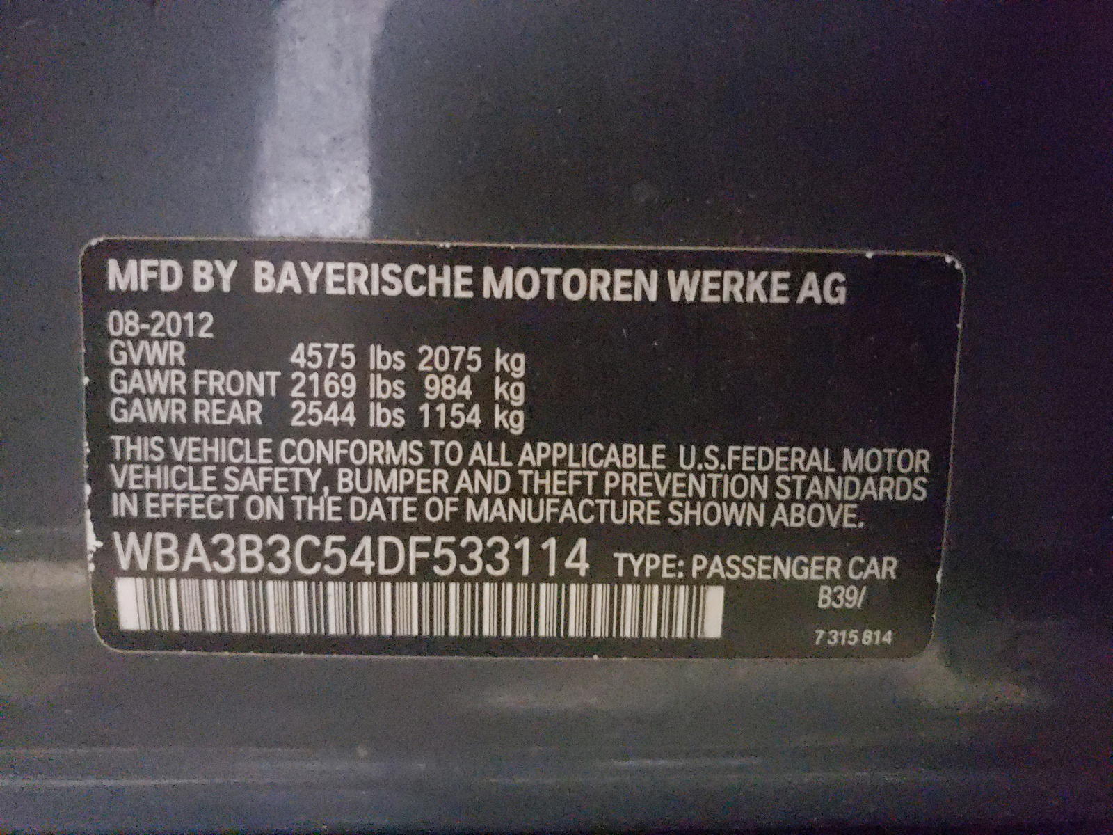 Photo 10 from auction – 2013 BMW 328 XI with VIN WBA3B3C54DF533114