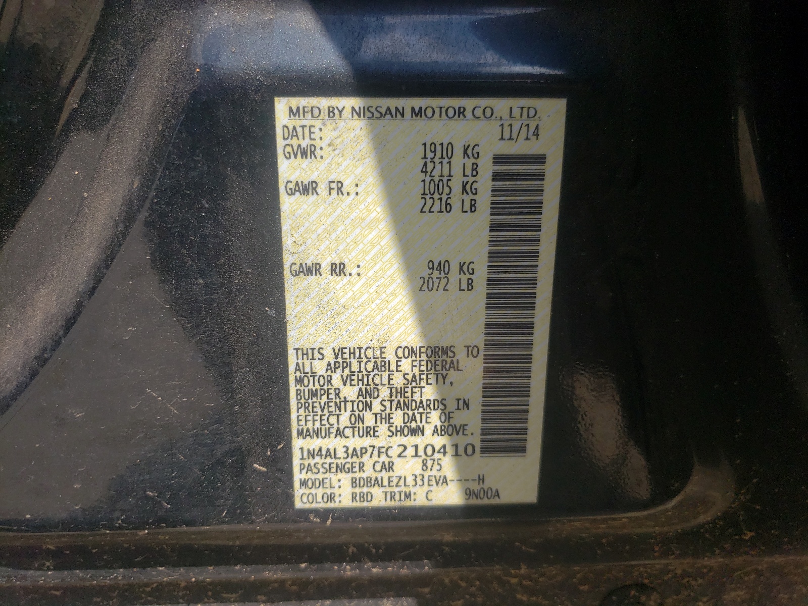 Photo 10 from auction – 2015 NISSAN ALTIMA 2.5 with VIN 1N4AL3AP7FC210410