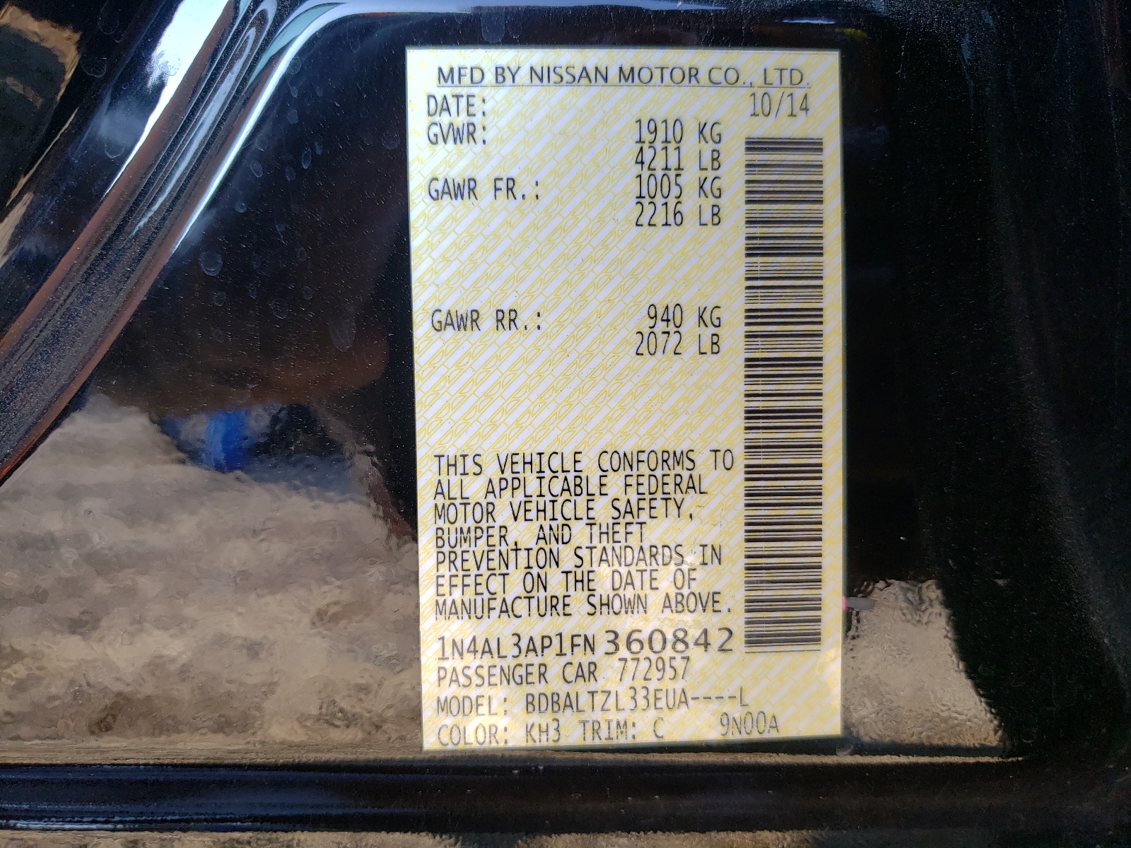 Photo 10 from auction – 2015 NISSAN ALTIMA 2.5 with VIN 1N4AL3AP1FN360842