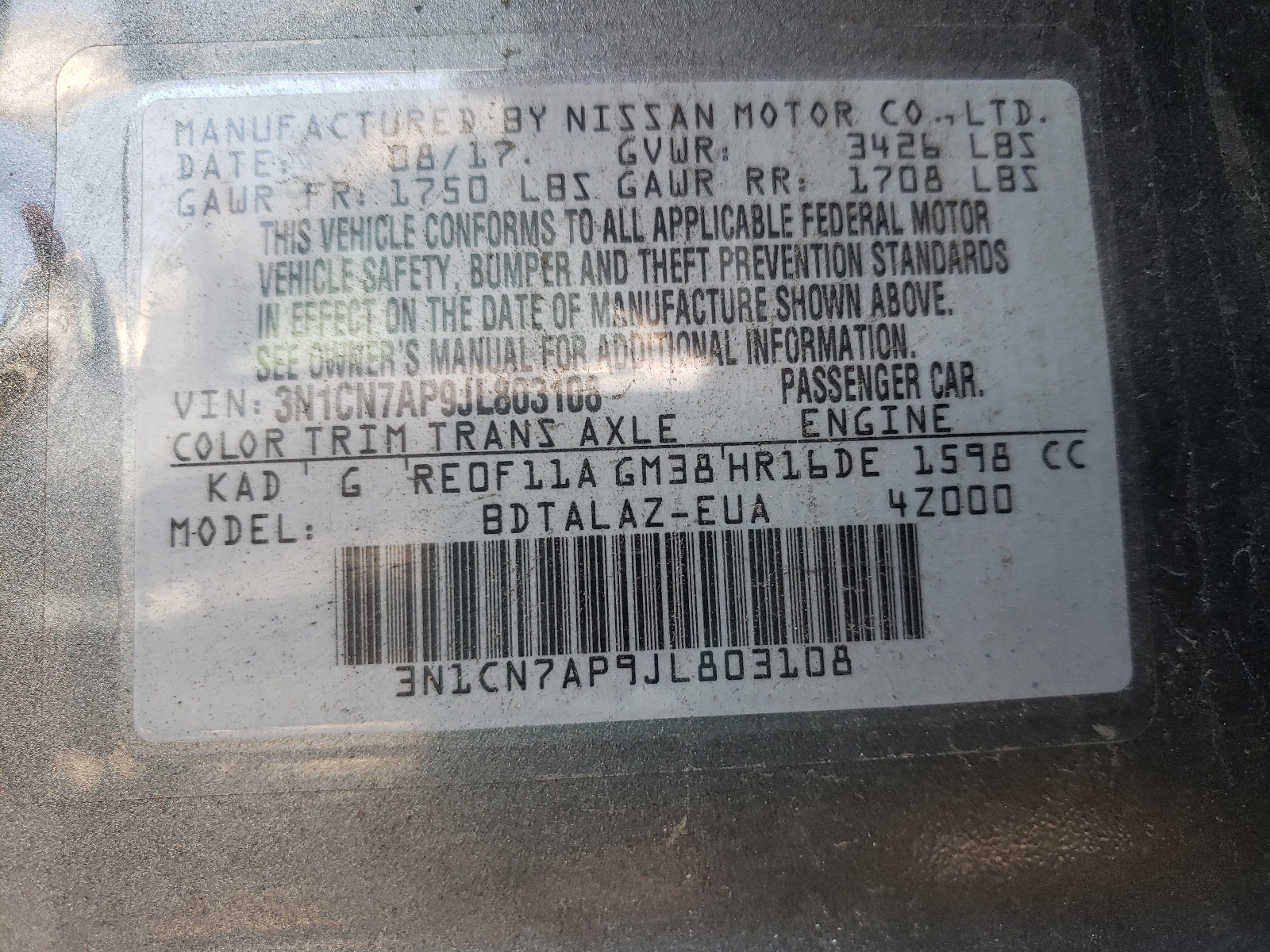 Photo 10 from auction – 2018 NISSAN VERSA S with VIN 3N1CN7AP9JL803108