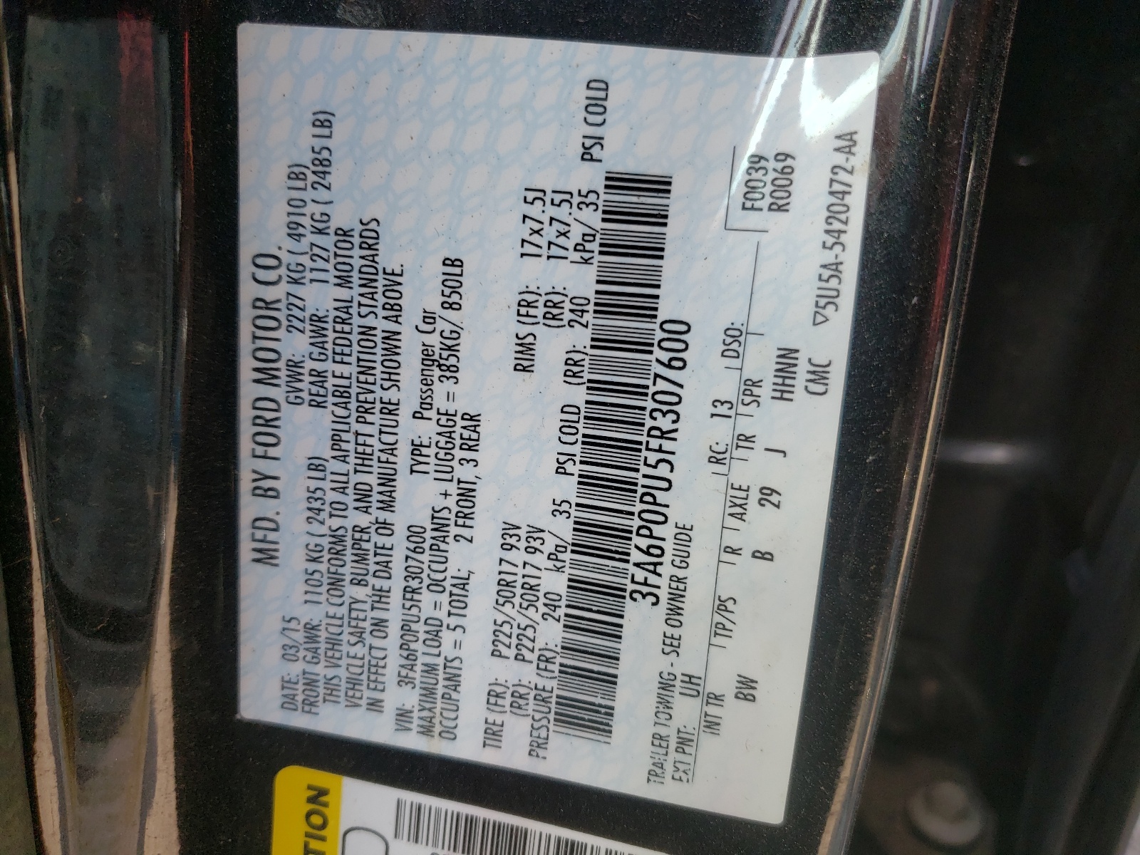 Photo 10 from auction – 2015 FORD FUSION SE with VIN 3FA6P0PU5FR307600