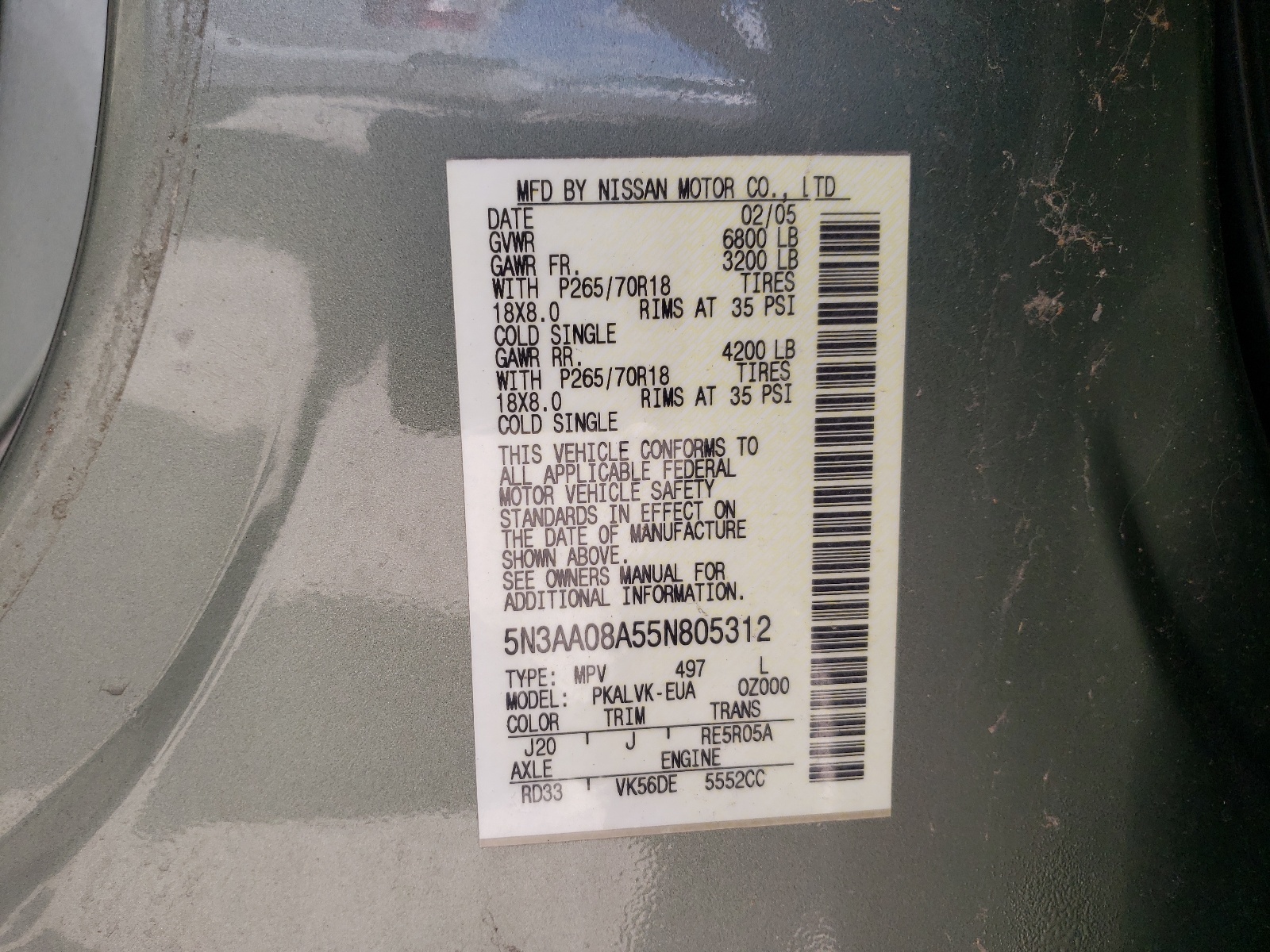 Photo 10 from auction – 2005 INFINITI QX56 with VIN 5N3AA08A55N805312