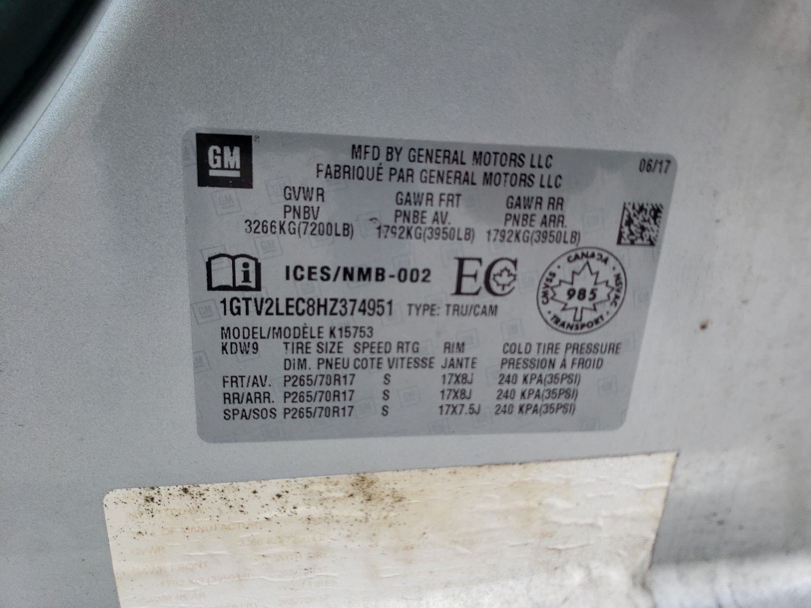 Photo 10 from auction – 2017 GMC SIERRA K15 with VIN 1GTV2LEC8HZ374951