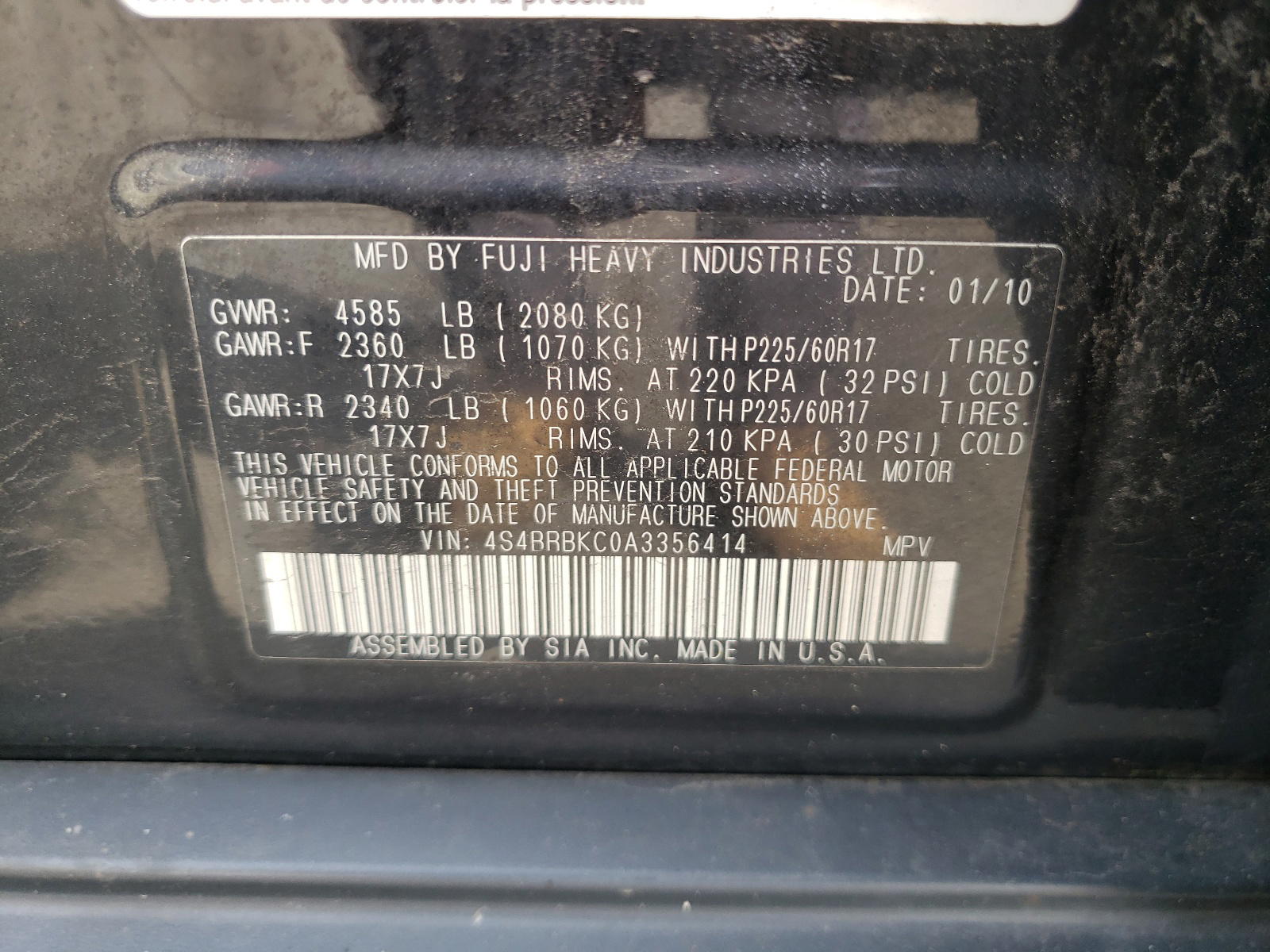 Photo 10 from auction – 2010 SUBARU OUTBACK 2. with VIN 4S4BRBKC0A3356414