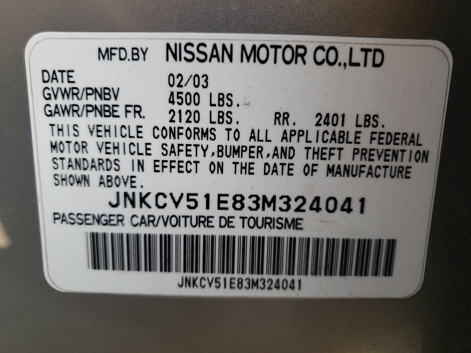 Photo 10 from auction – 2003 INFINITI G35 with VIN JNKCV51E83M324041