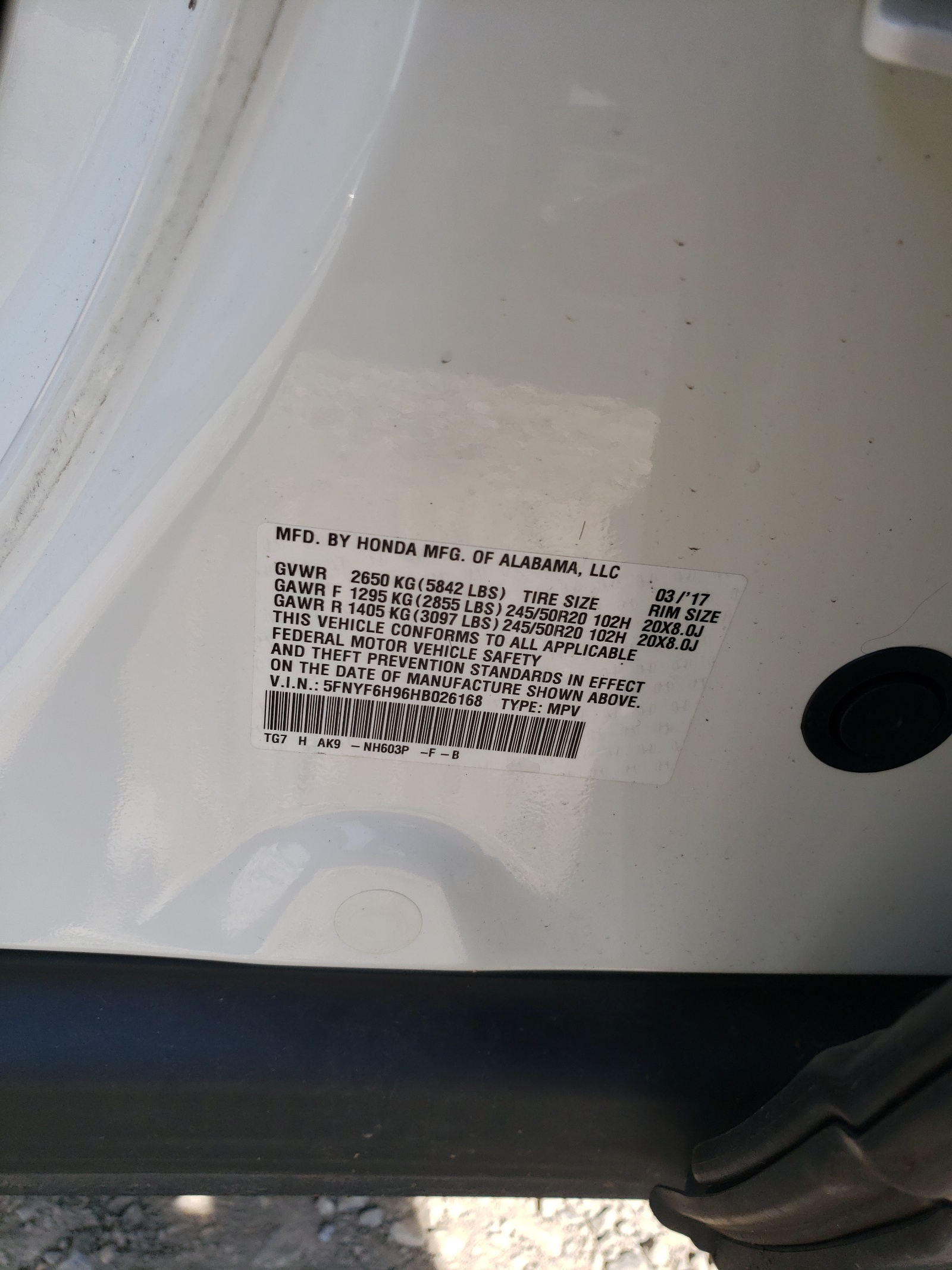 Photo 10 from auction – 2017 HONDA PILOT TOUR with VIN 5FNYF6H96HB026168