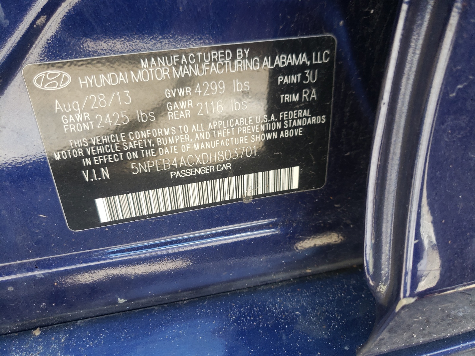 Photo 10 from auction – 2013 HYUNDAI SONATA GLS with VIN 5NPEB4ACXDH803701