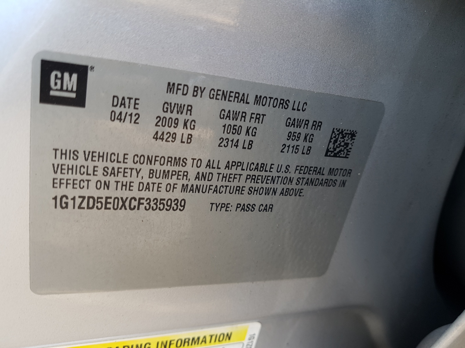 Photo 10 from auction – 2012 CHEVROLET MALIBU 2LT with VIN 1G1ZD5E0XCF335939