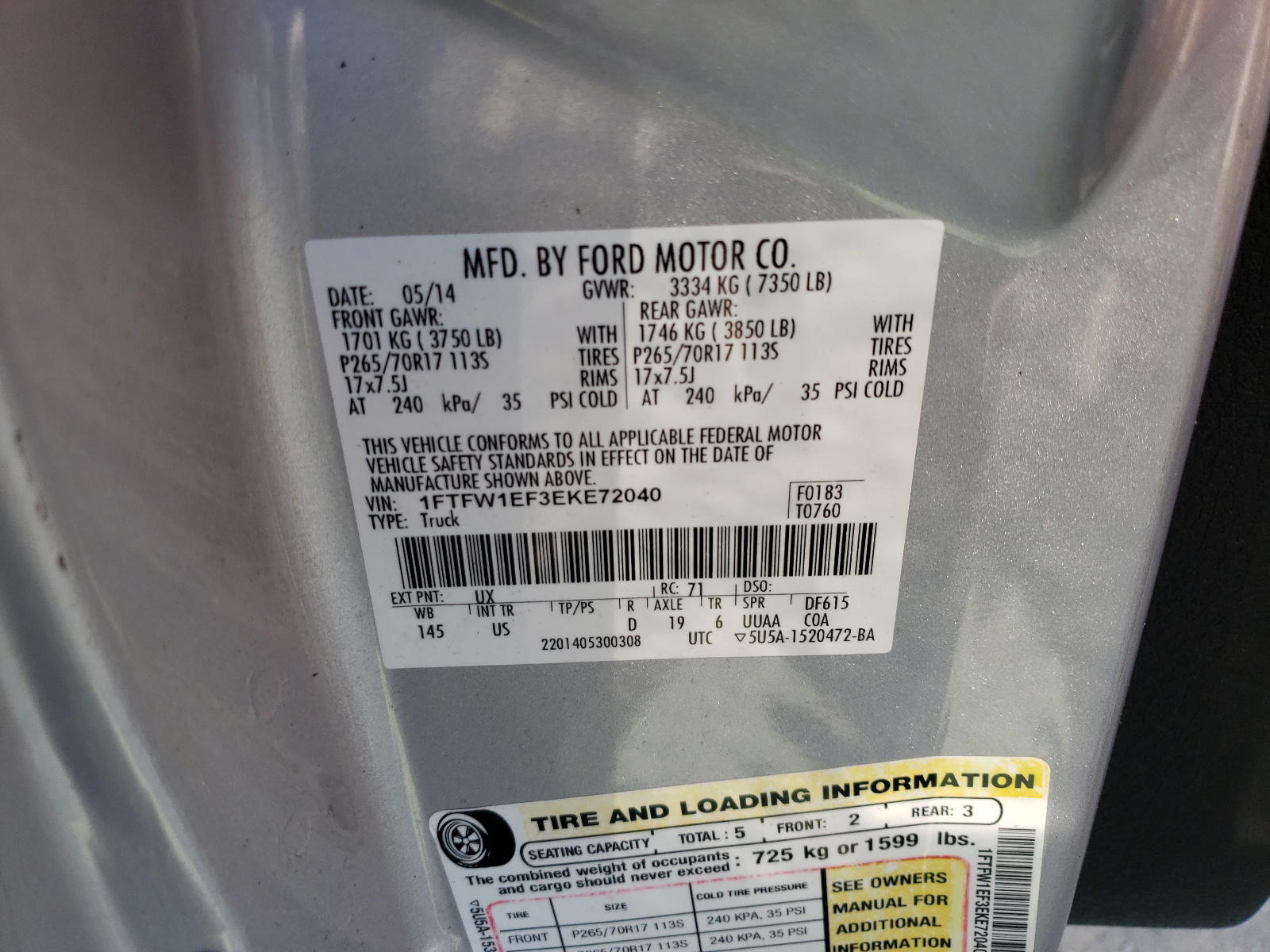 Photo 10 from auction – 2014 FORD F150 SUPER with VIN 1FTFW1EF3EKE72040