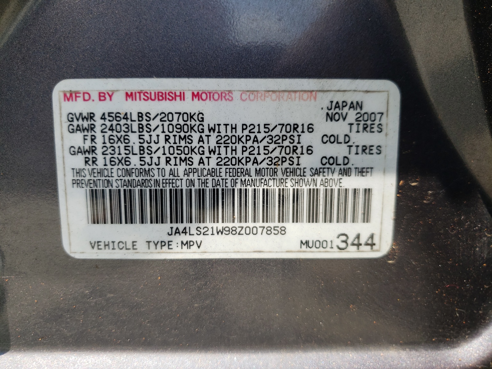 Photo 10 from auction – 2008 MITSUBISHI OUTLANDER with VIN JA4LS21W98Z007858