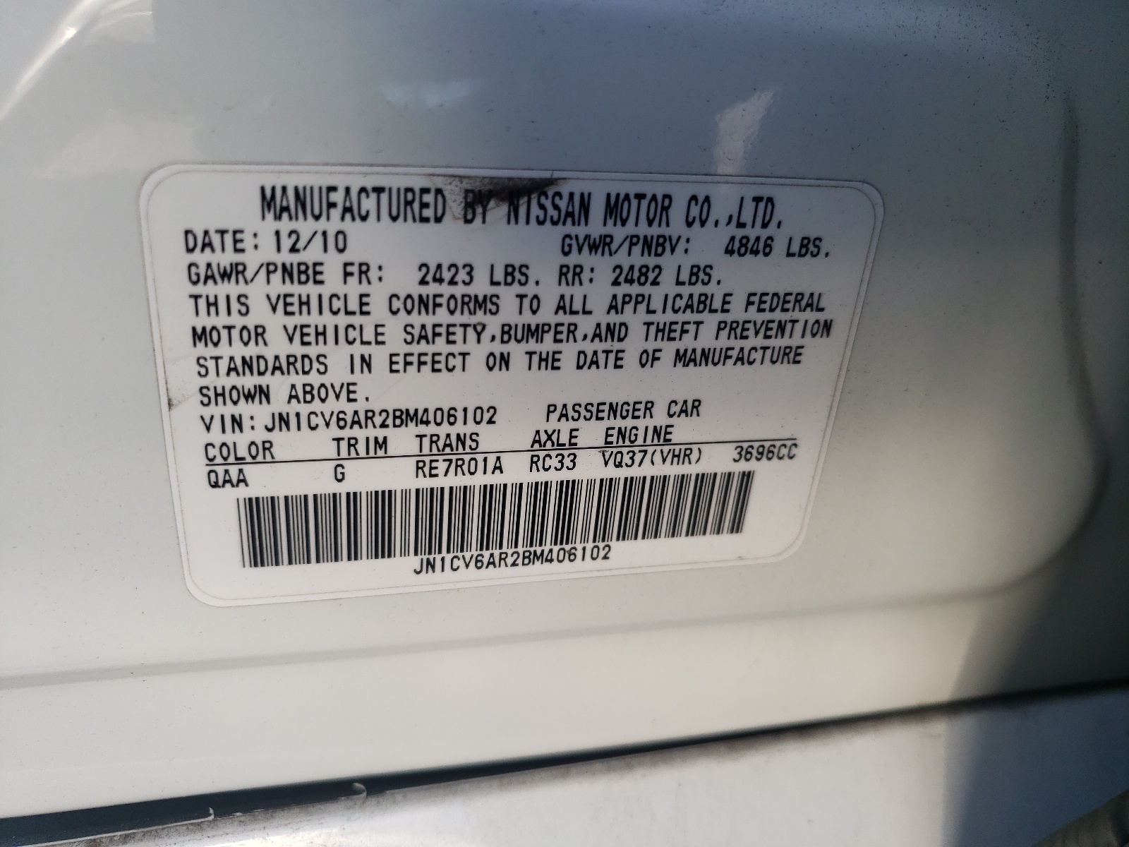 Photo 10 from auction – 2011 INFINITI G37 with VIN JN1CV6AR2BM406102