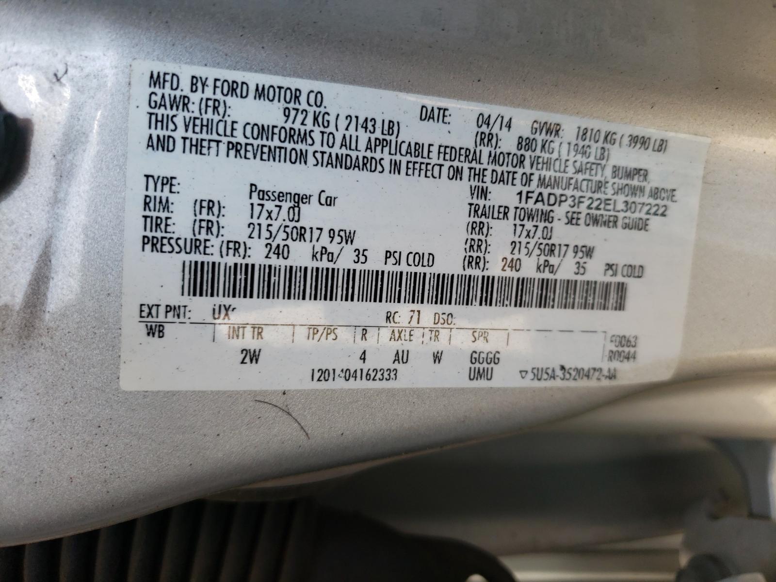 Photo 10 from auction – 2014 FORD FOCUS SE with VIN 1FADP3F22EL307222