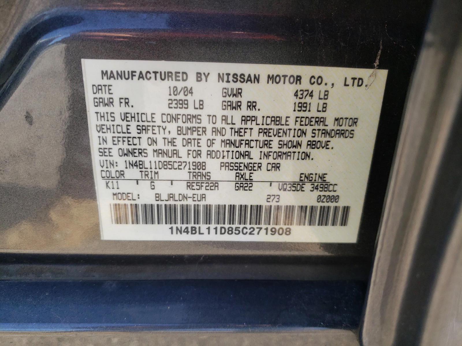 Photo 10 from auction – 2005 NISSAN ALTIMA SE with VIN 1N4BL11D85C271908