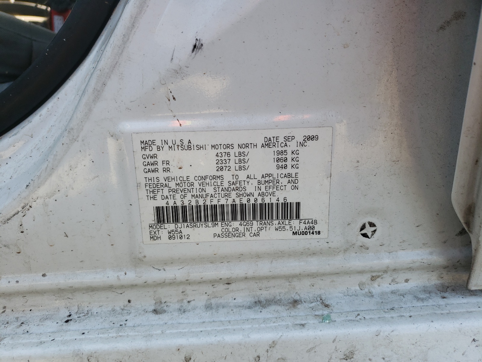 صورة رقم 10 من المزاد - 2010 MITSUBISHI GALANT FE مع VIN 4A32B2FF7AE006146