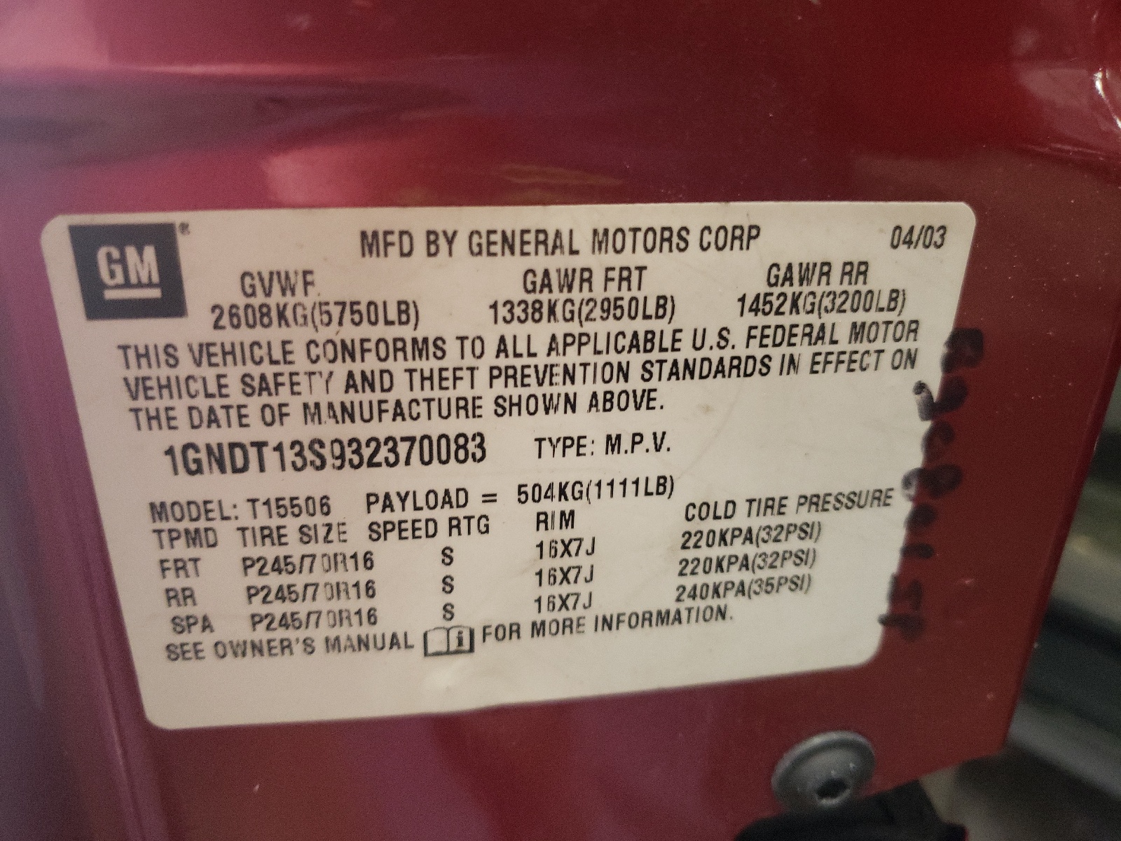 Photo 10 from auction – 2003 CHEVROLET TRAILBLAZE with VIN 1GNDT13S932370083