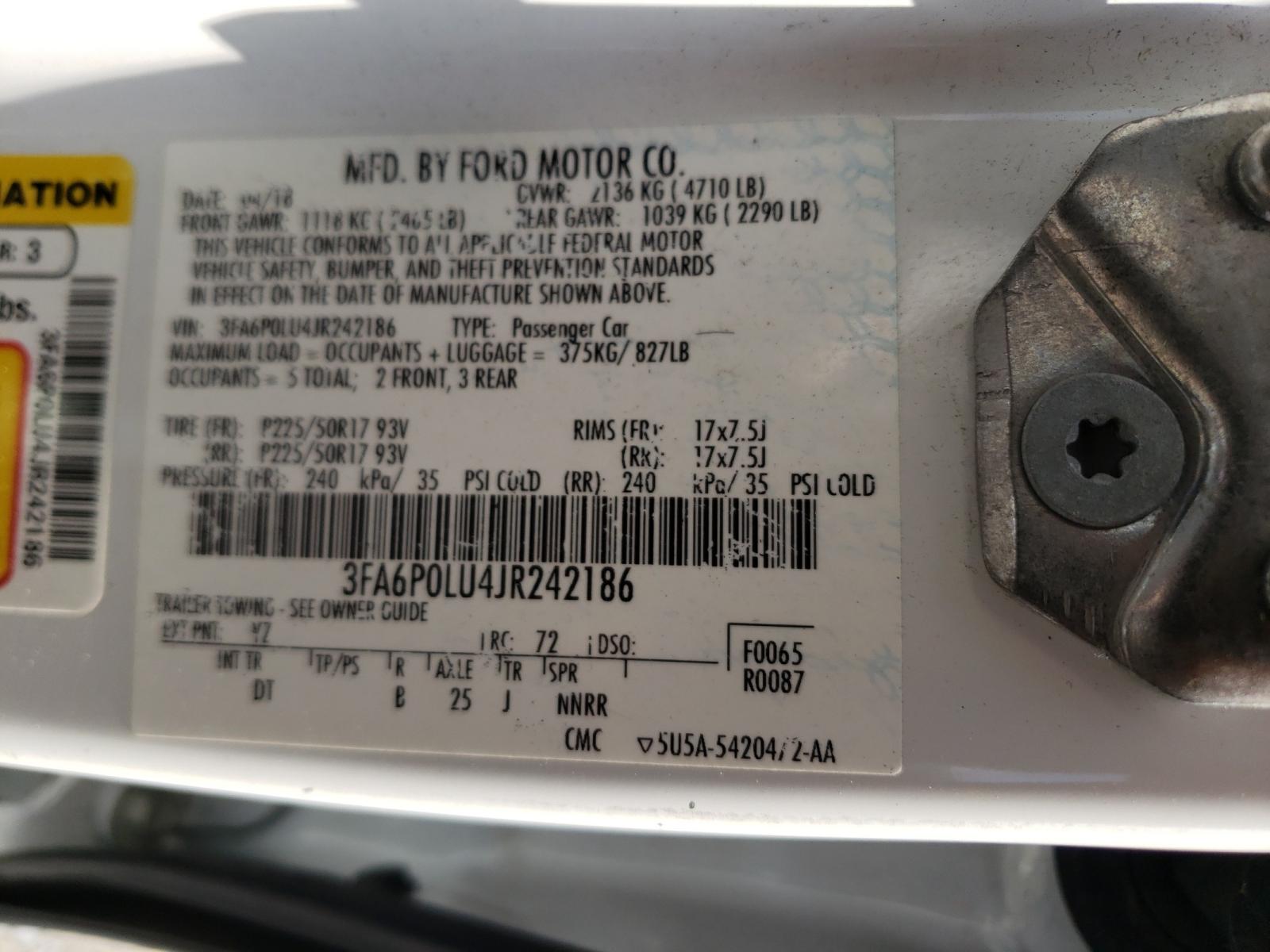 Photo 10 from auction – 2018 FORD FUSION SE with VIN 3FA6P0LU4JR242186