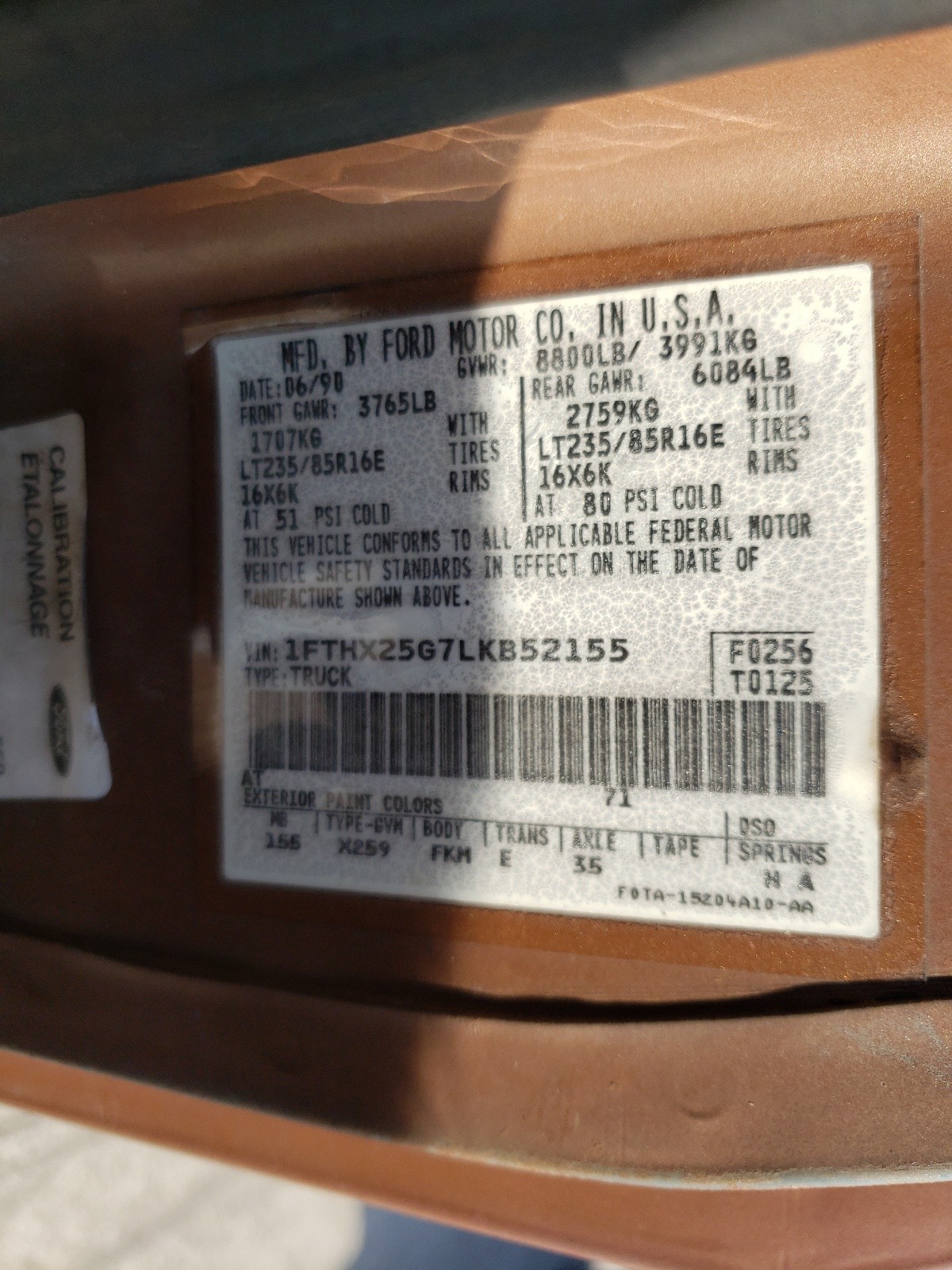 Photo 10 from auction – 1990 FORD F250 with VIN 1FTHX25G7LKB52155