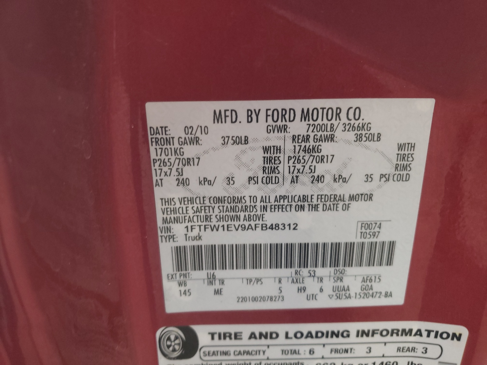 Photo 10 from auction – 2010 FORD F150 SUPER with VIN 1FTFW1EV9AFB48312