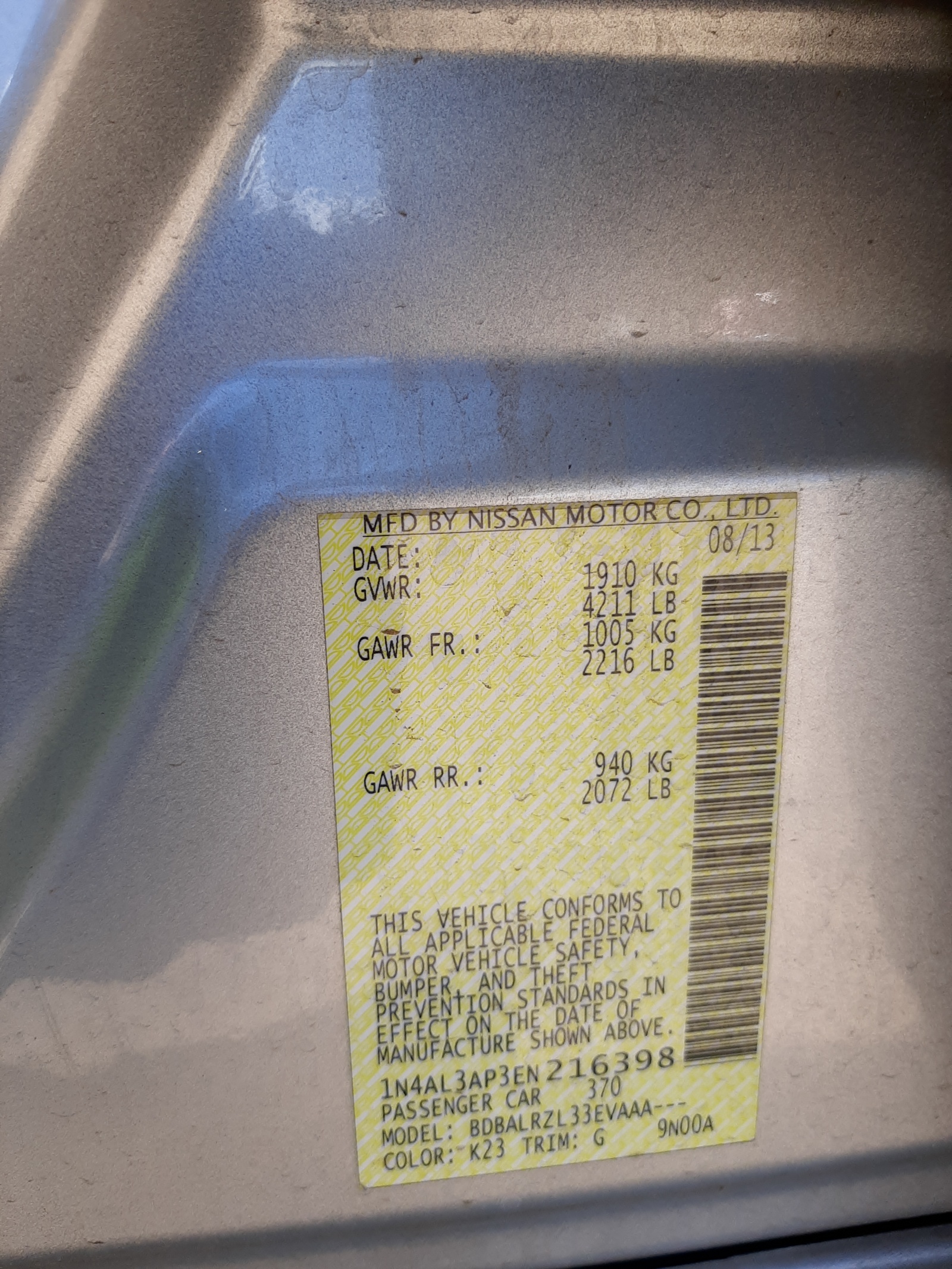 Photo 10 from auction – 2014 NISSAN ALTIMA 2.5 with VIN 1N4AL3AP3EN216398
