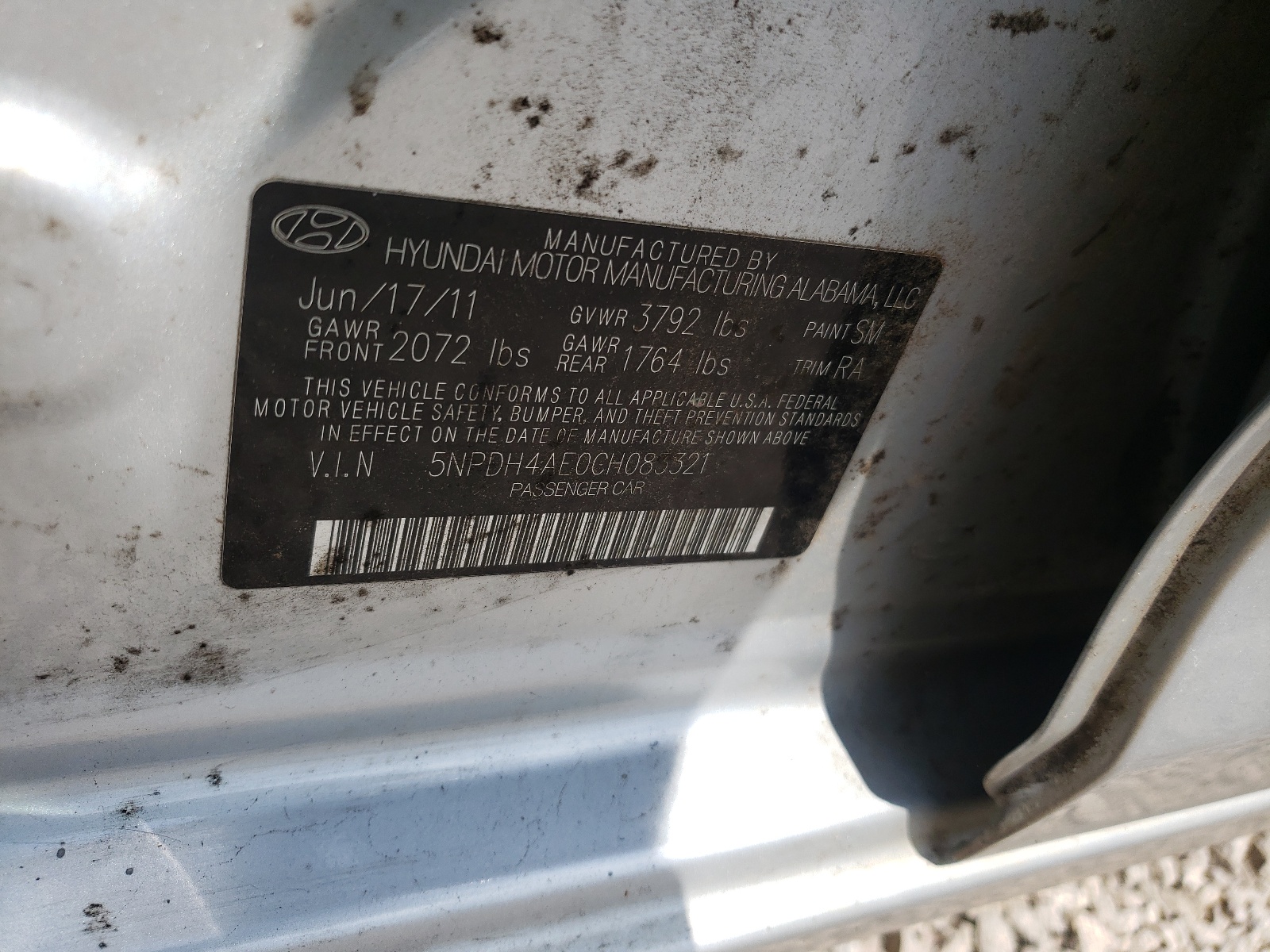 Photo 10 from auction – 2012 HYUNDAI ELANTRA GL with VIN 5NPDH4AE0CH083321