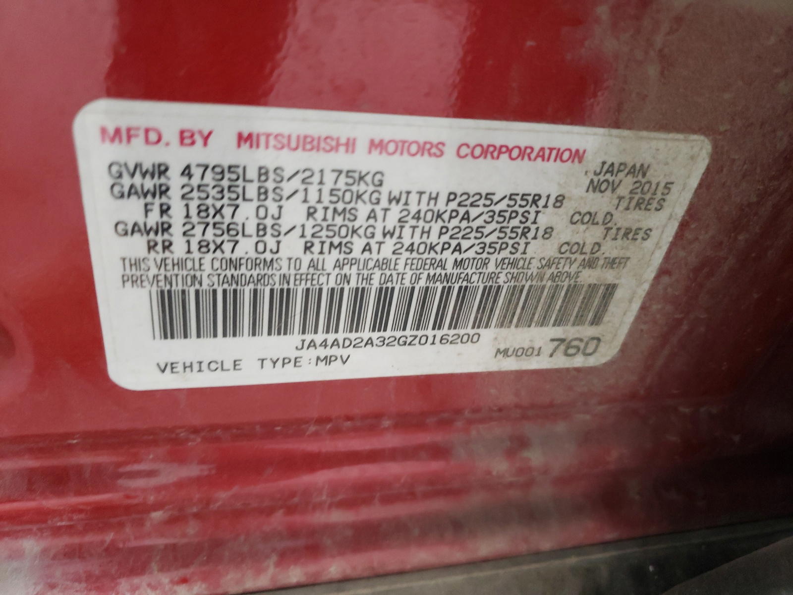 Photo 10 from auction – 2016 MITSUBISHI OUTLANDER with VIN JA4AD2A32GZ016200