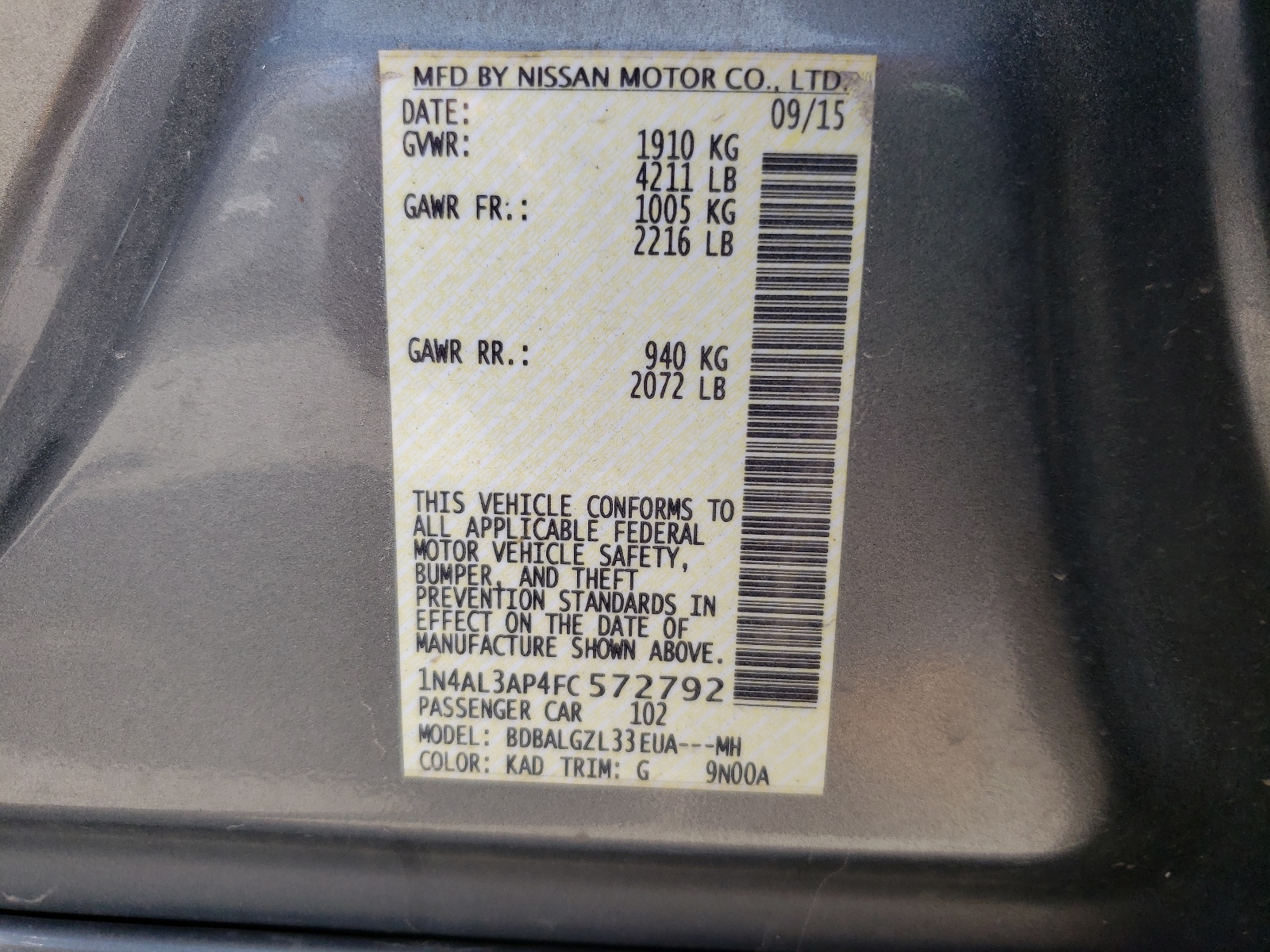 Photo 10 from auction – 2015 NISSAN ALTIMA 2.5 with VIN 1N4AL3AP4FC572792