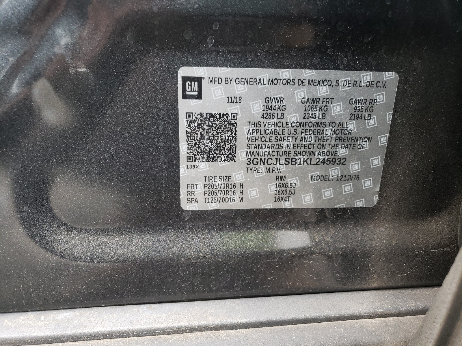 Photo 10 from auction – 2019 CHEVROLET TRAX 1LT with VIN 3GNCJLSB1KL245932