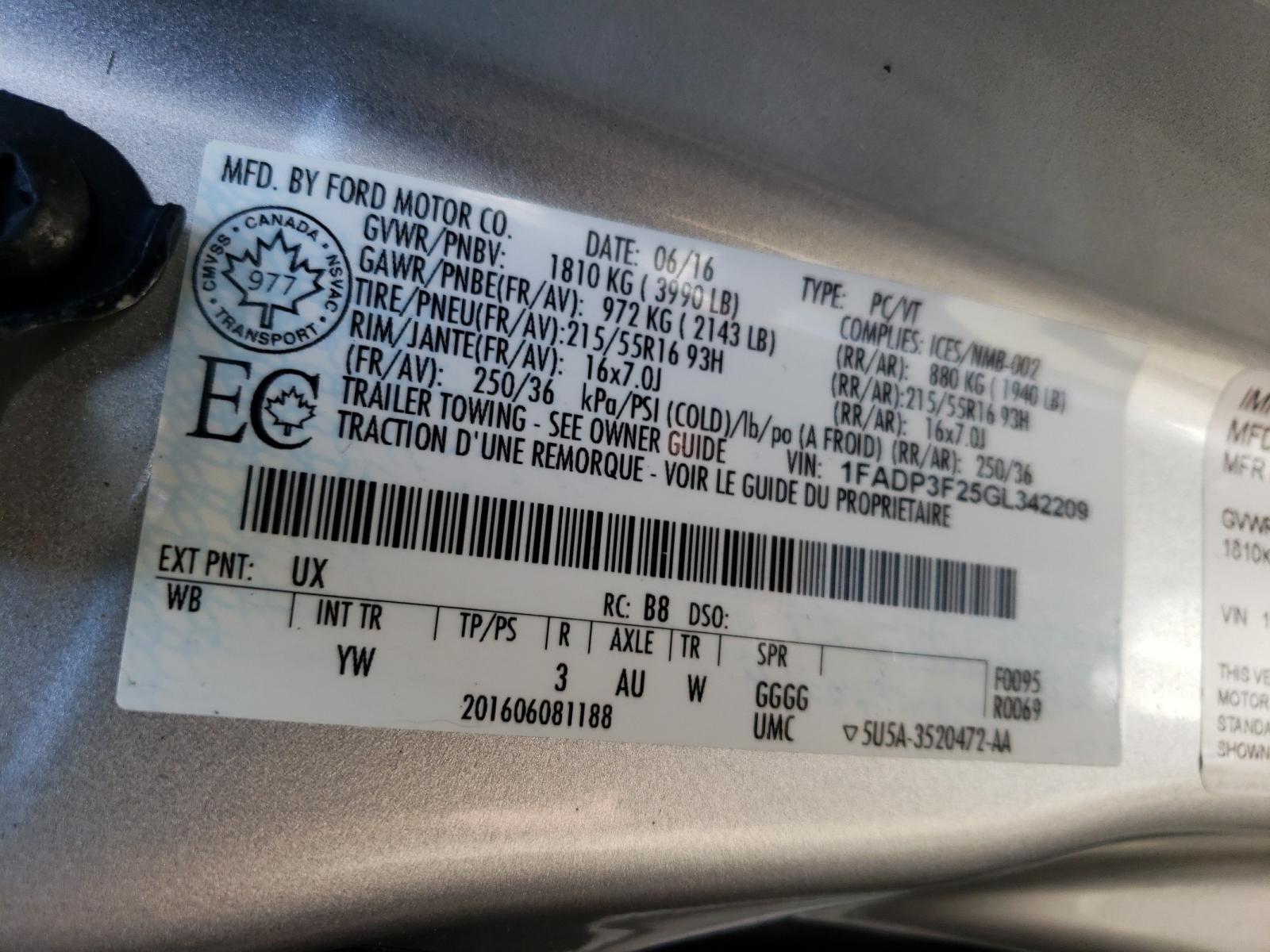 Photo 10 from auction – 2016 FORD FOCUS SE with VIN 1FADP3F25GL342209