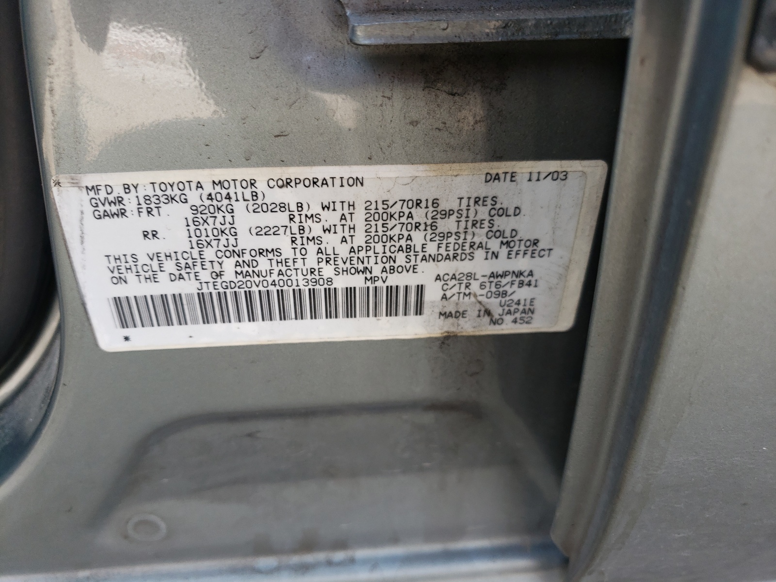 Zdjęcie 10 z aukcji – 2004 TOYOTA RAV4 z VIN JTEGD20V040013908