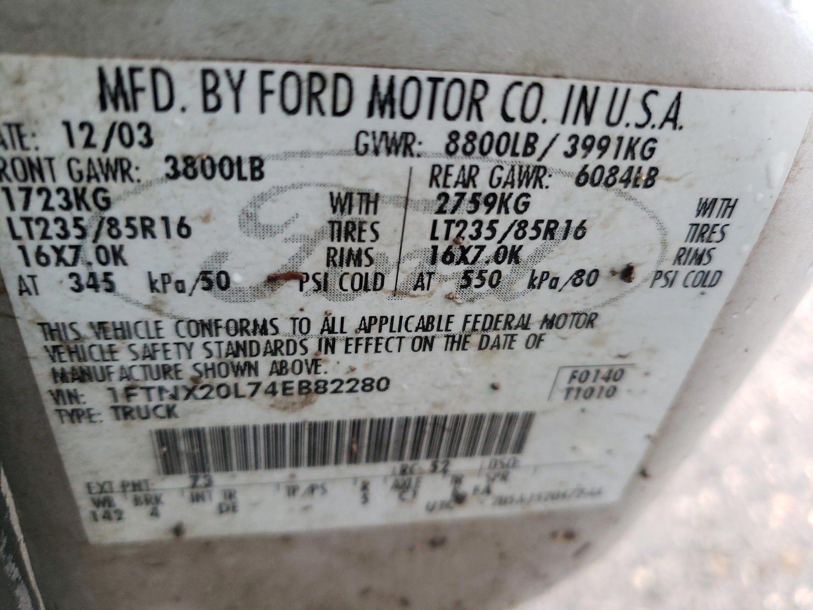 Photo 10 from auction – 2004 FORD F250 SUPER with VIN 1FTNX20L74EB82280