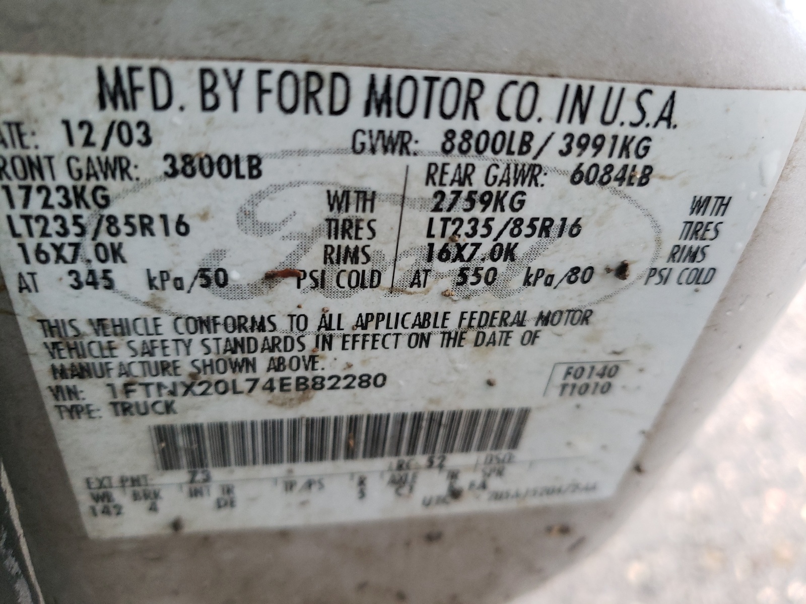 Zdjęcie 10 z aukcji – 2004 FORD F250 SUPER z VIN 1FTNX20L74EB82280