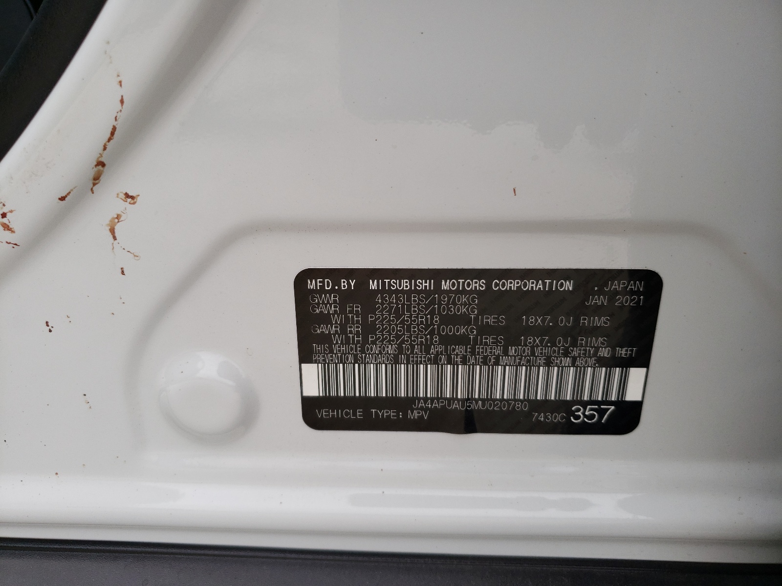 Photo 10 from auction – 2021 MITSUBISHI OUTLANDER with VIN JA4APUAU5MU020780