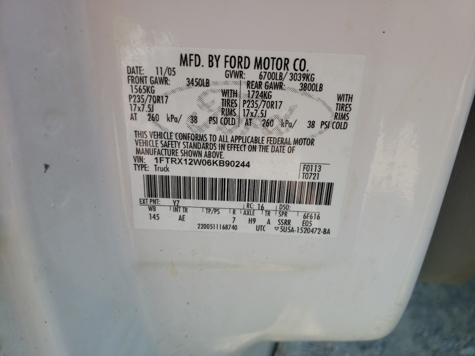 Photo 10 from auction – 2006 FORD F150 with VIN 1FTRX12W06KB90244