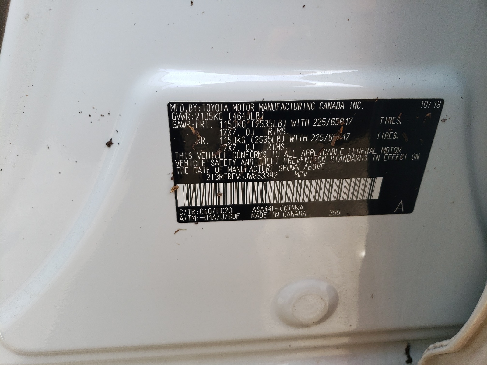 Photo 10 from auction – 2018 TOYOTA RAV4 ADVEN with VIN 2T3RFREV5JW853392