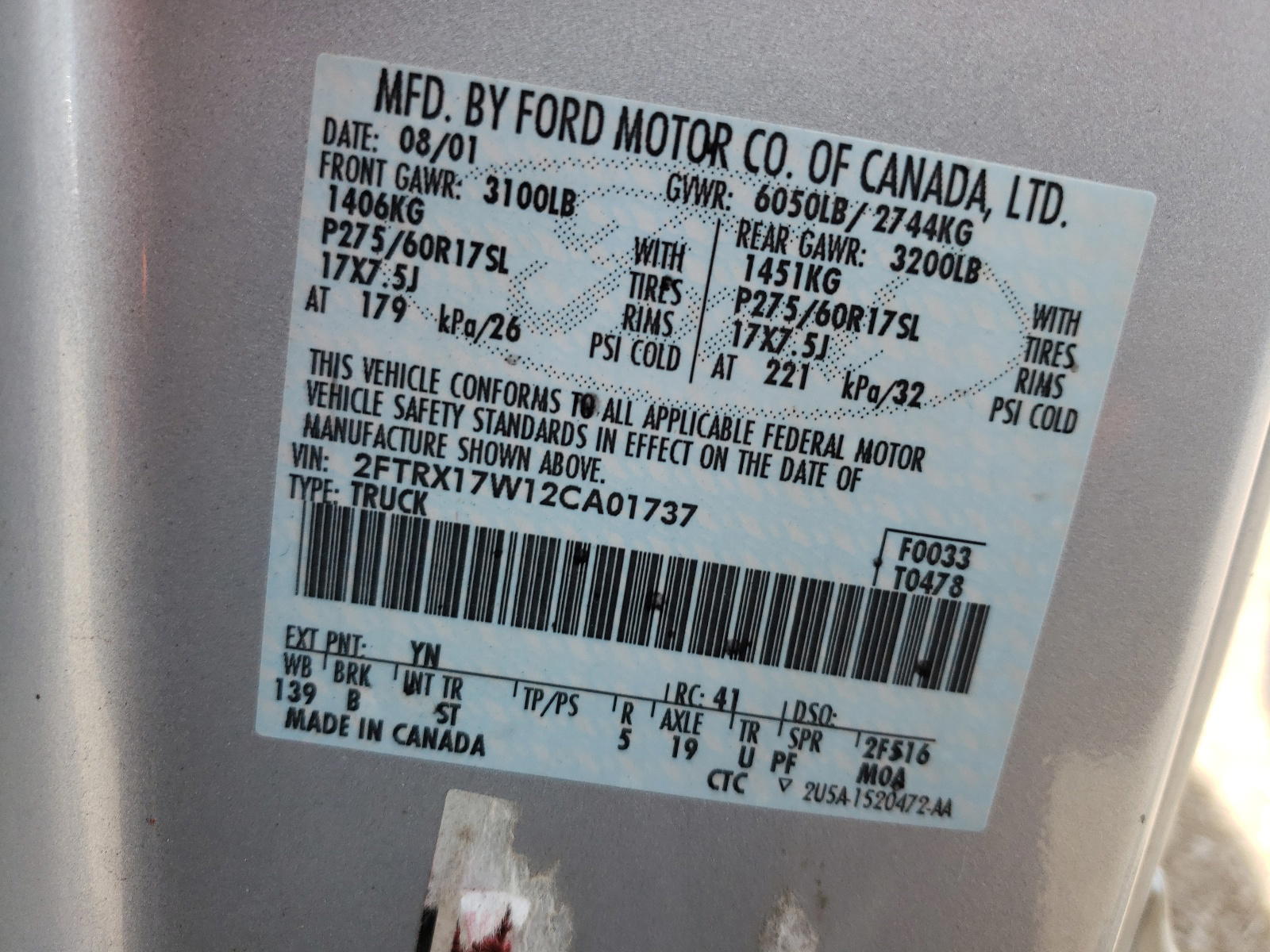 Photo 10 from auction – 2002 FORD F150 with VIN 2FTRX17W12CA01737