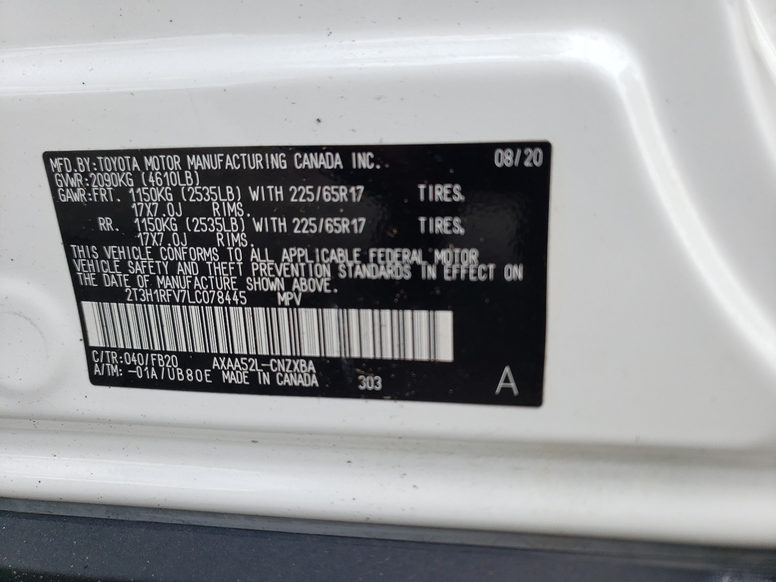Photo 10 from auction – 2020 TOYOTA RAV4 LE with VIN 2T3H1RFV7LC078445