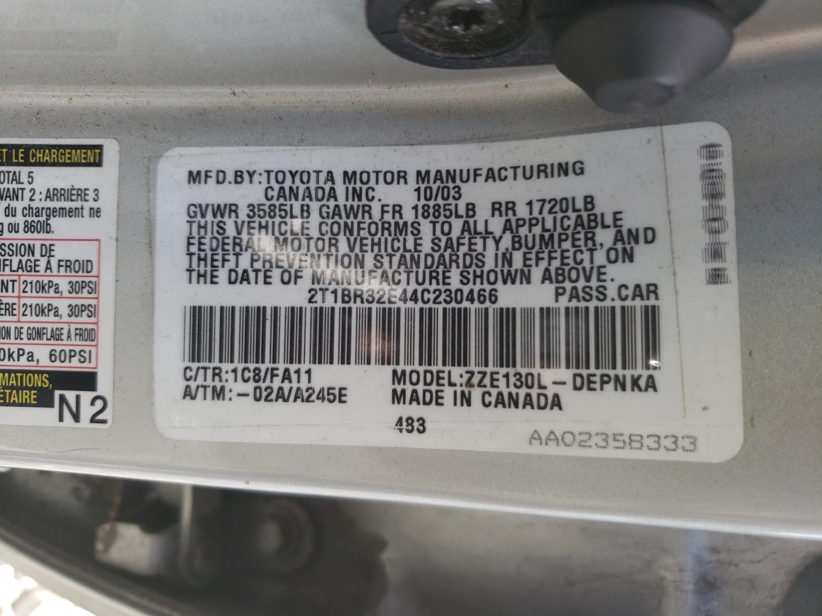 Photo 10 from auction – 2004 TOYOTA COROLLA CE with VIN 2T1BR32E44C230466