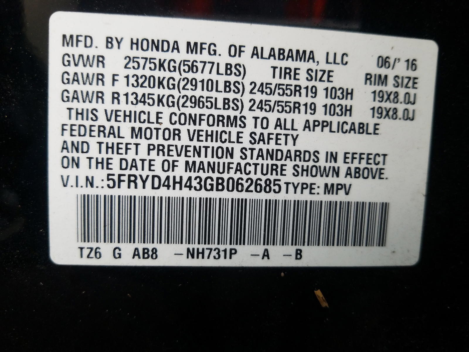Photo 10 from auction – 2016 ACURA MDX TECHNO with VIN 5FRYD4H43GB062685