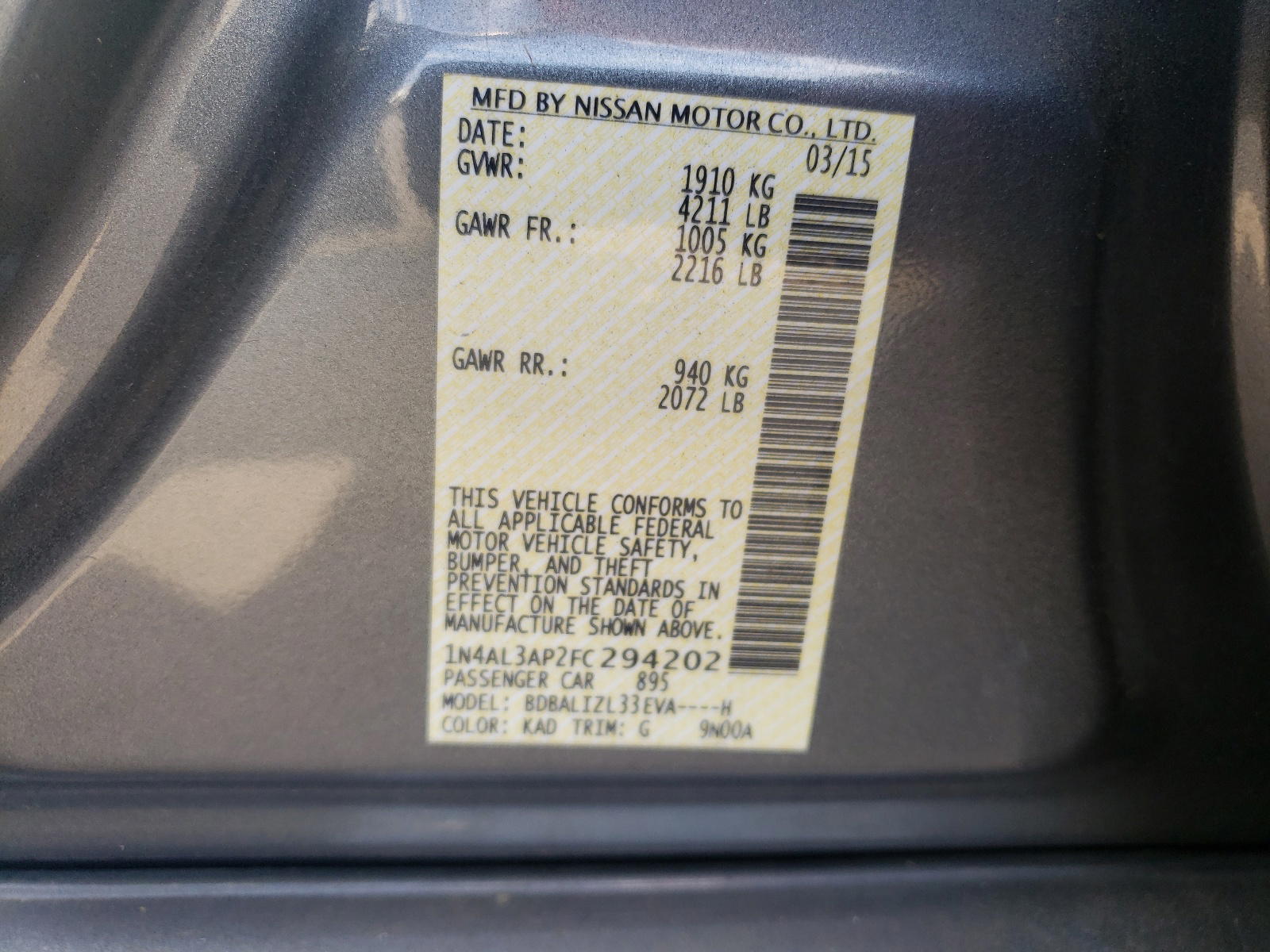 Photo 10 from auction – 2015 NISSAN ALTIMA 2.5 with VIN 1N4AL3AP2FC294202