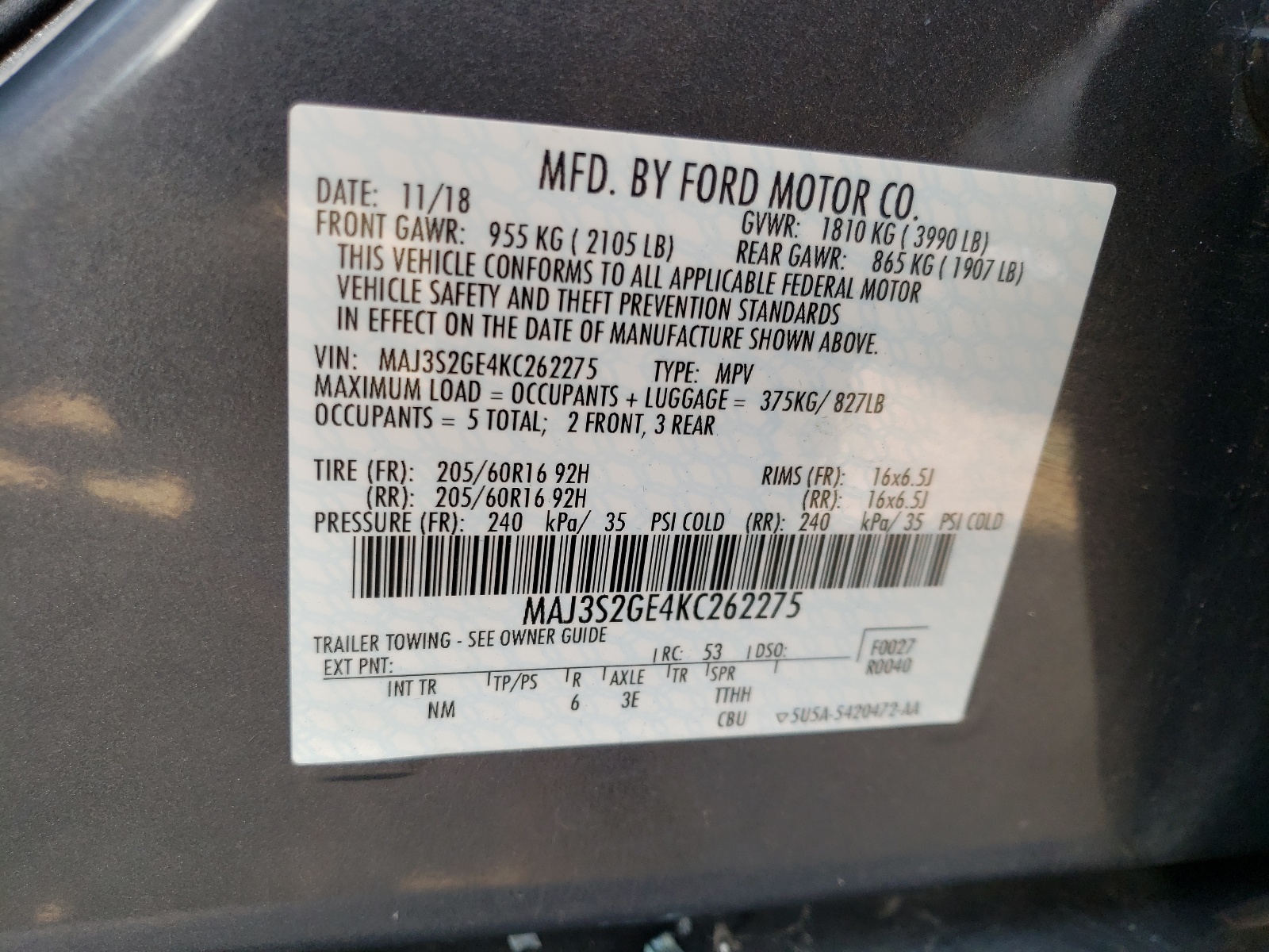 Photo 10 from auction – 2019 FORD ECOSPORT S with VIN MAJ3S2GE4KC262275