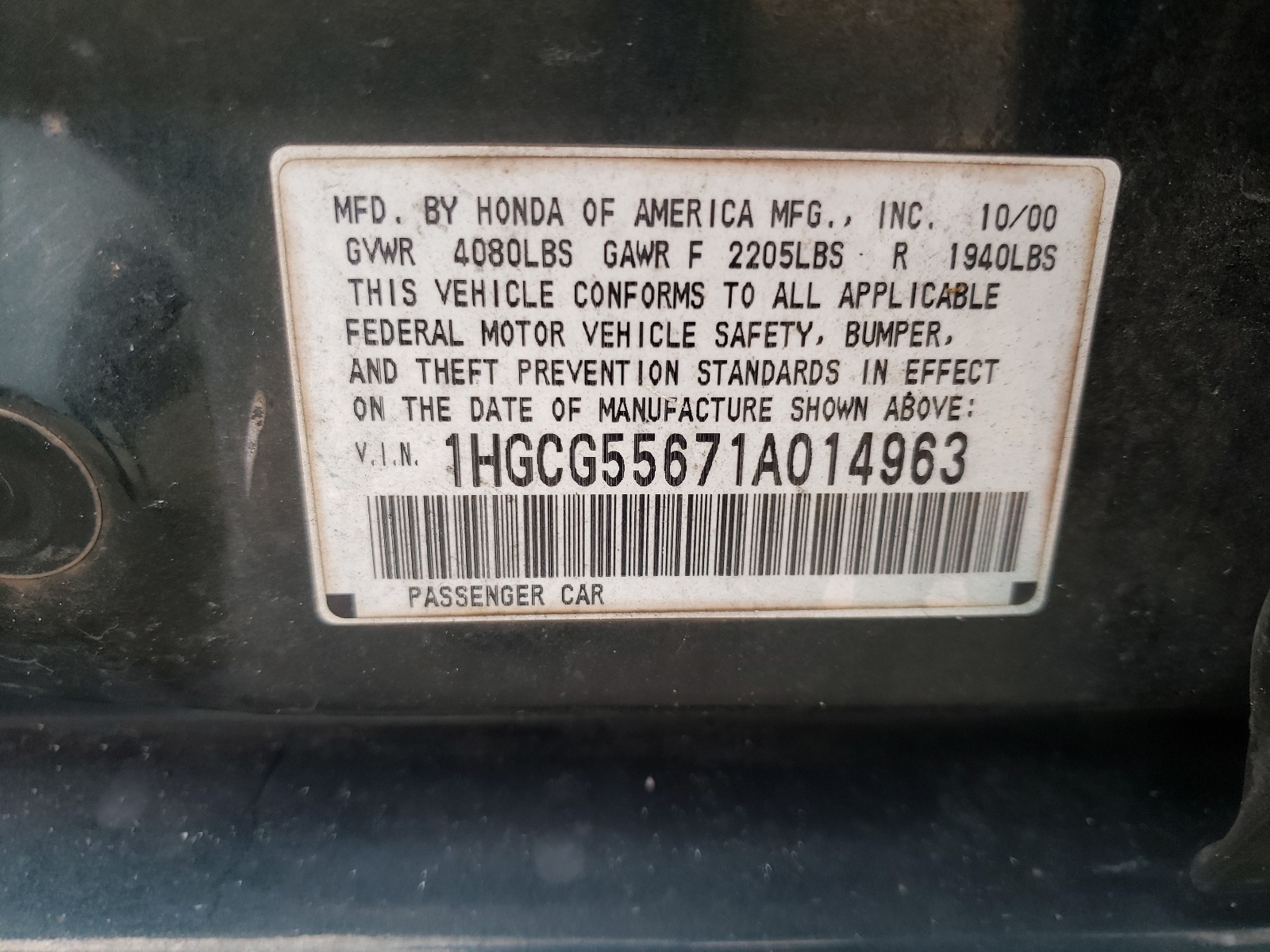Photo 10 from auction – 2001 HONDA ACCORD EX with VIN 1HGCG55671A014963