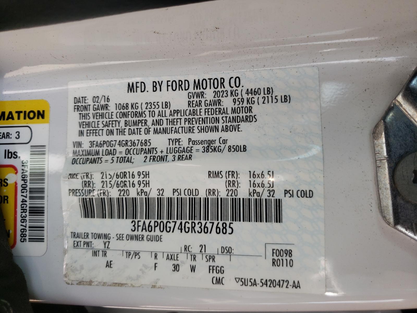 Photo 10 from auction – 2016 FORD FUSION S with VIN 3FA6P0G74GR367685