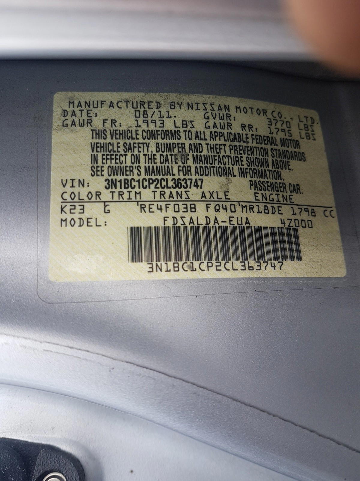 Photo 10 from auction – 2012 NISSAN VERSA S with VIN 3N1BC1CP2CL363747