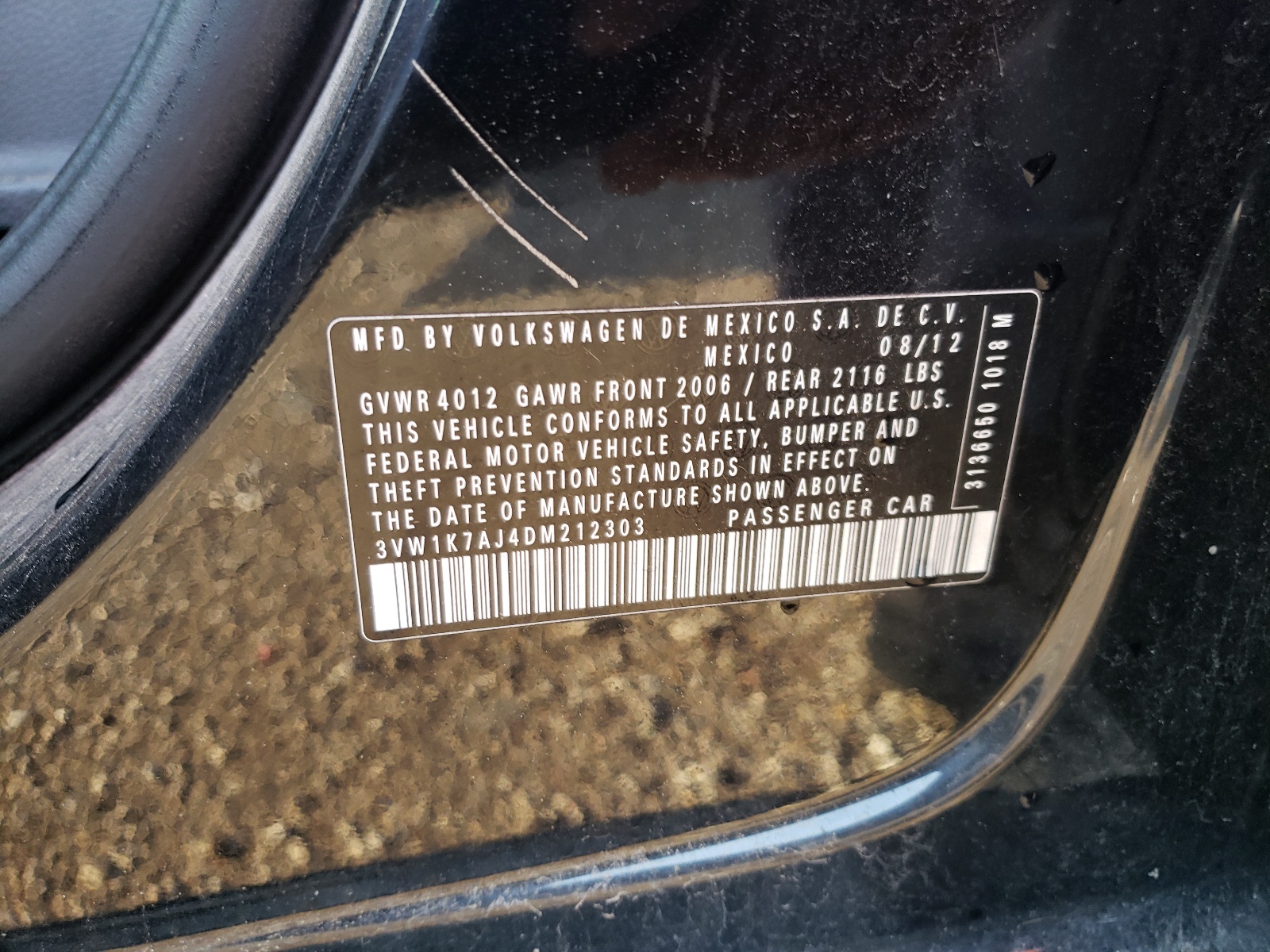 Photo 10 from auction – 2013 VOLKSWAGEN JETTA with VIN 3VW1K7AJ4DM212303