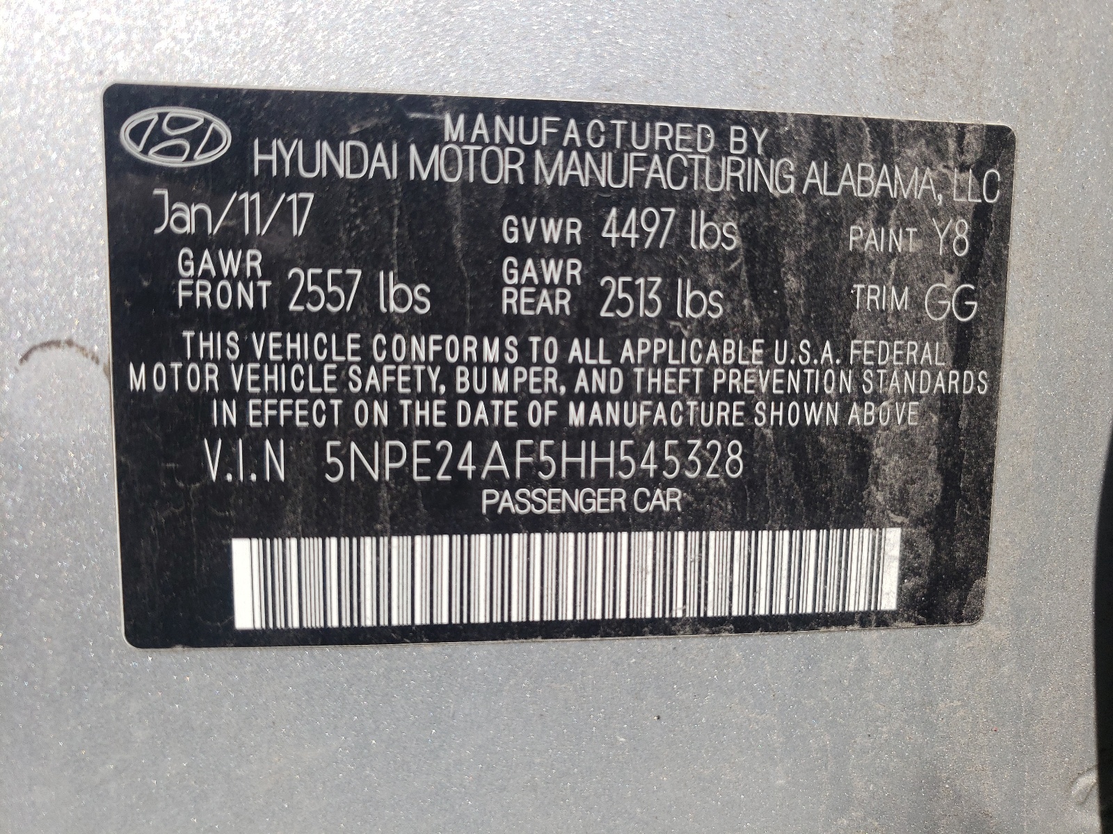 Photo 10 from auction – 2017 HYUNDAI SONATA SE with VIN 5NPE24AF5HH545328
