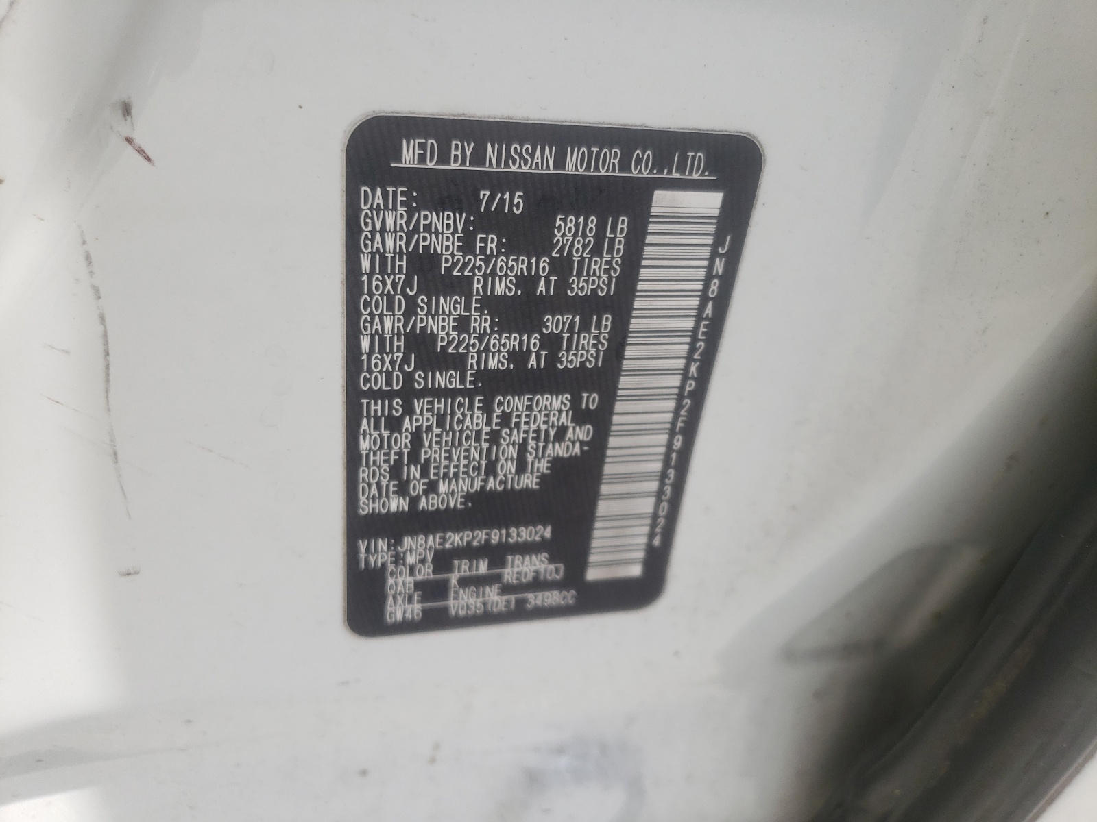 Photo 10 from auction – 2015 NISSAN QUEST S with VIN JN8AE2KP2F9133024