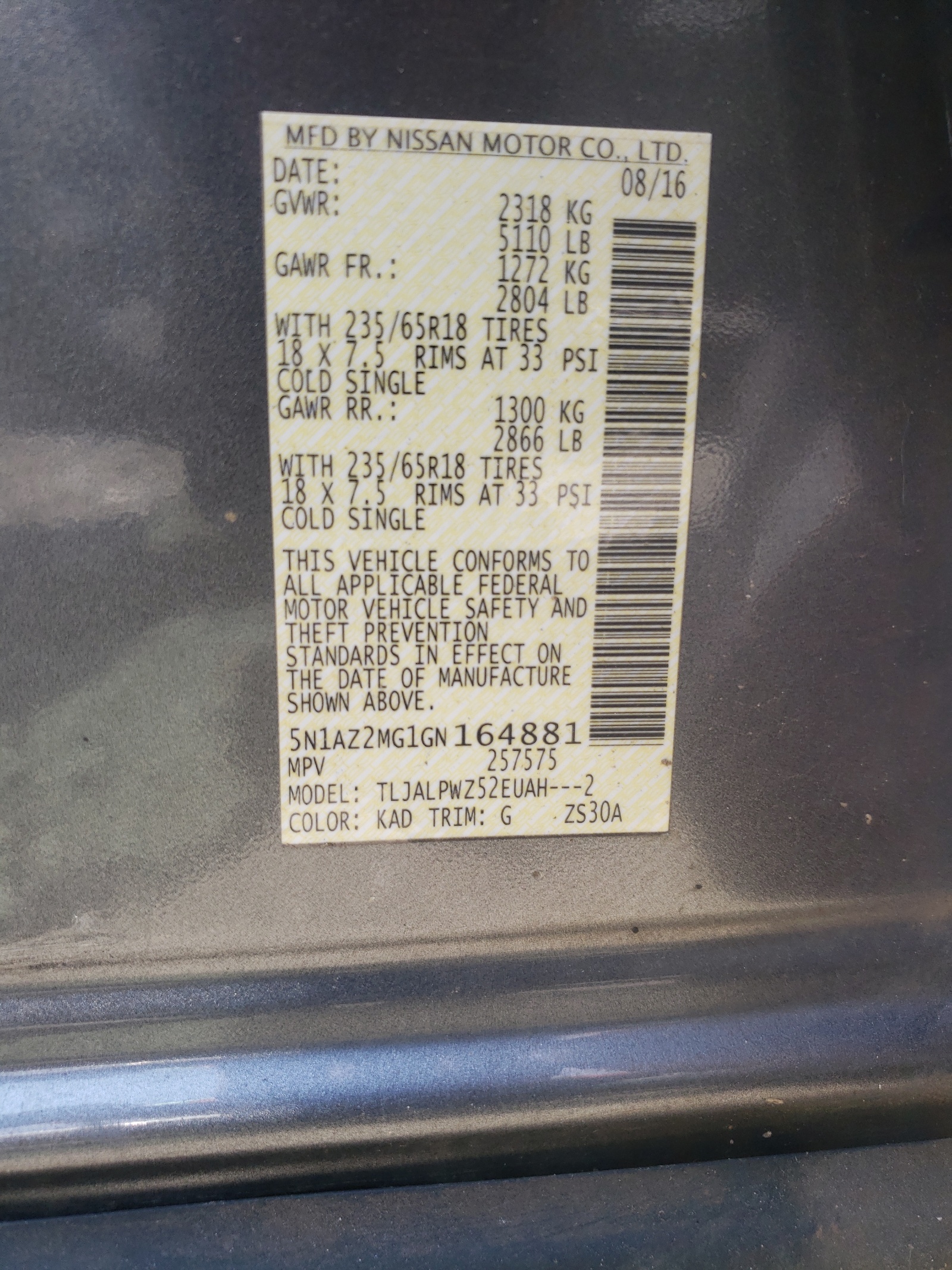 Photo 10 from auction – 2016 NISSAN MURANO S with VIN 5N1AZ2MG1GN164881